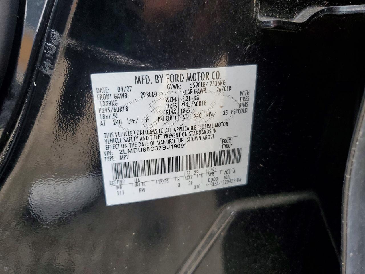 2007 Lincoln Mkx Black vin: 2LMDU88C37BJ19091