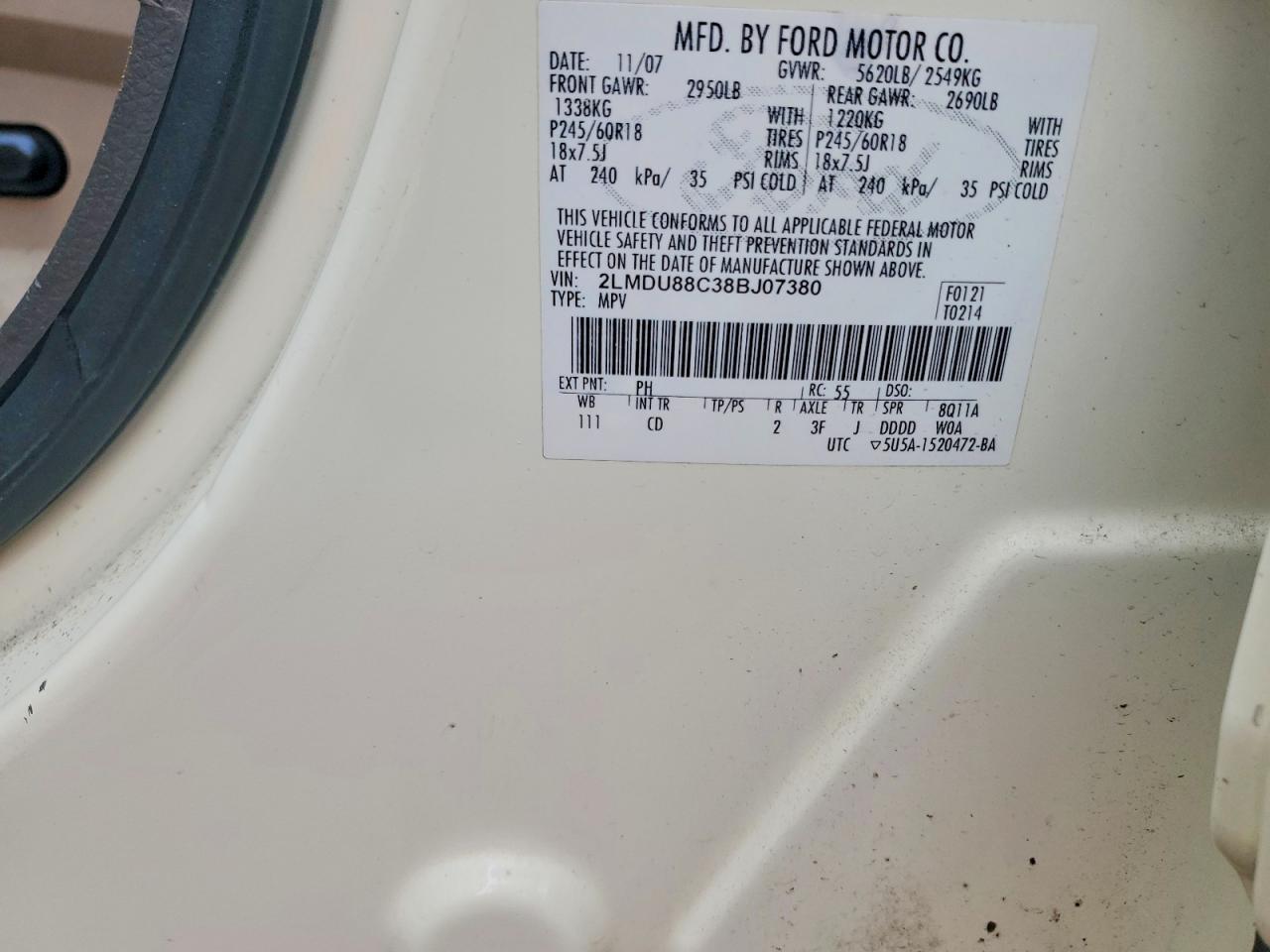 2008 Lincoln Mkx Cream vin: 2LMDU88C38BJ07380