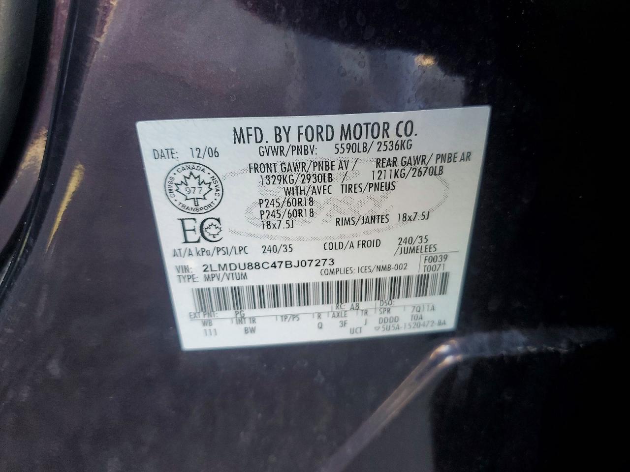2007 Lincoln Mkx Purple vin: 2LMDU88C47BJ07273