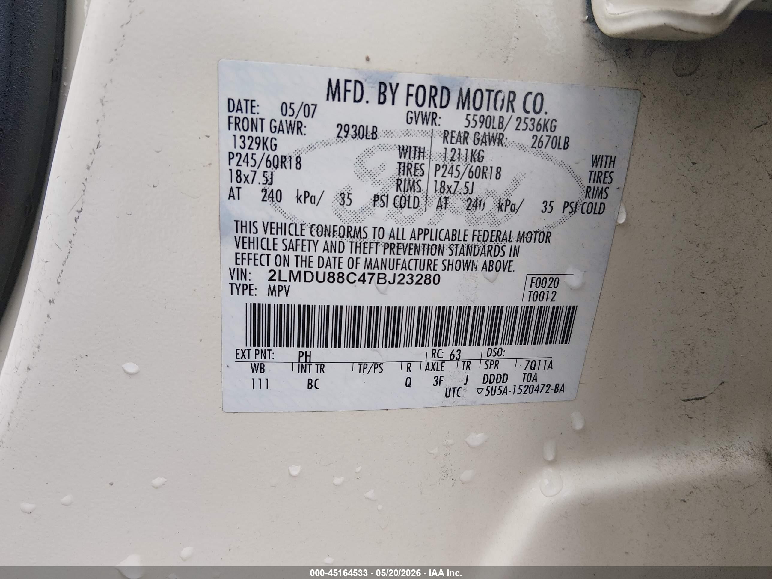 2007 Lincoln Mkx   White vin: 2LMDU88C47BJ23280