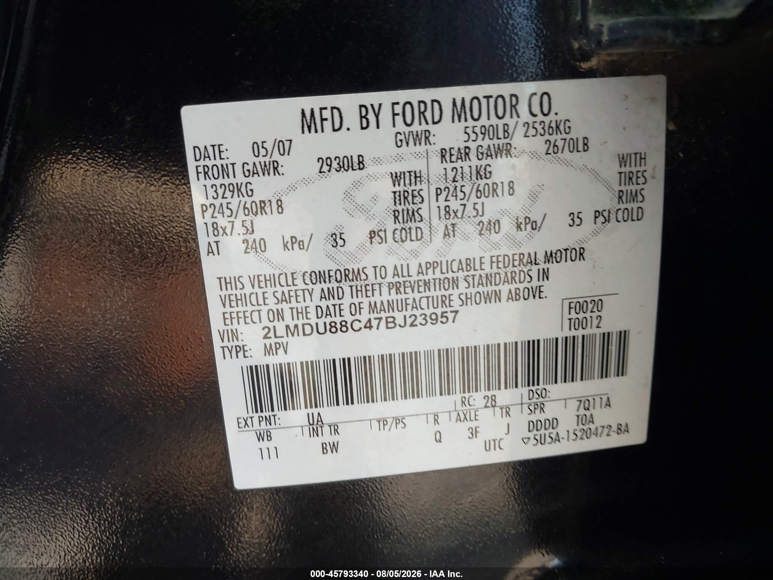 2007 Lincoln Mkx   Black vin: 2LMDU88C47BJ23957