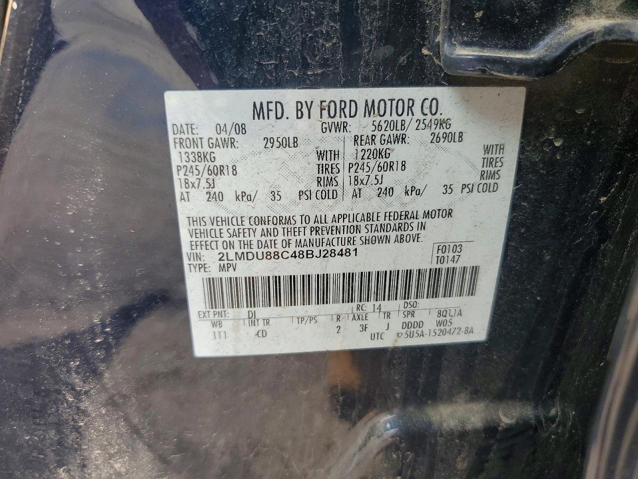 2008 Lincoln Mkx Black Label Black vin: 2LMDU88C48BJ28481