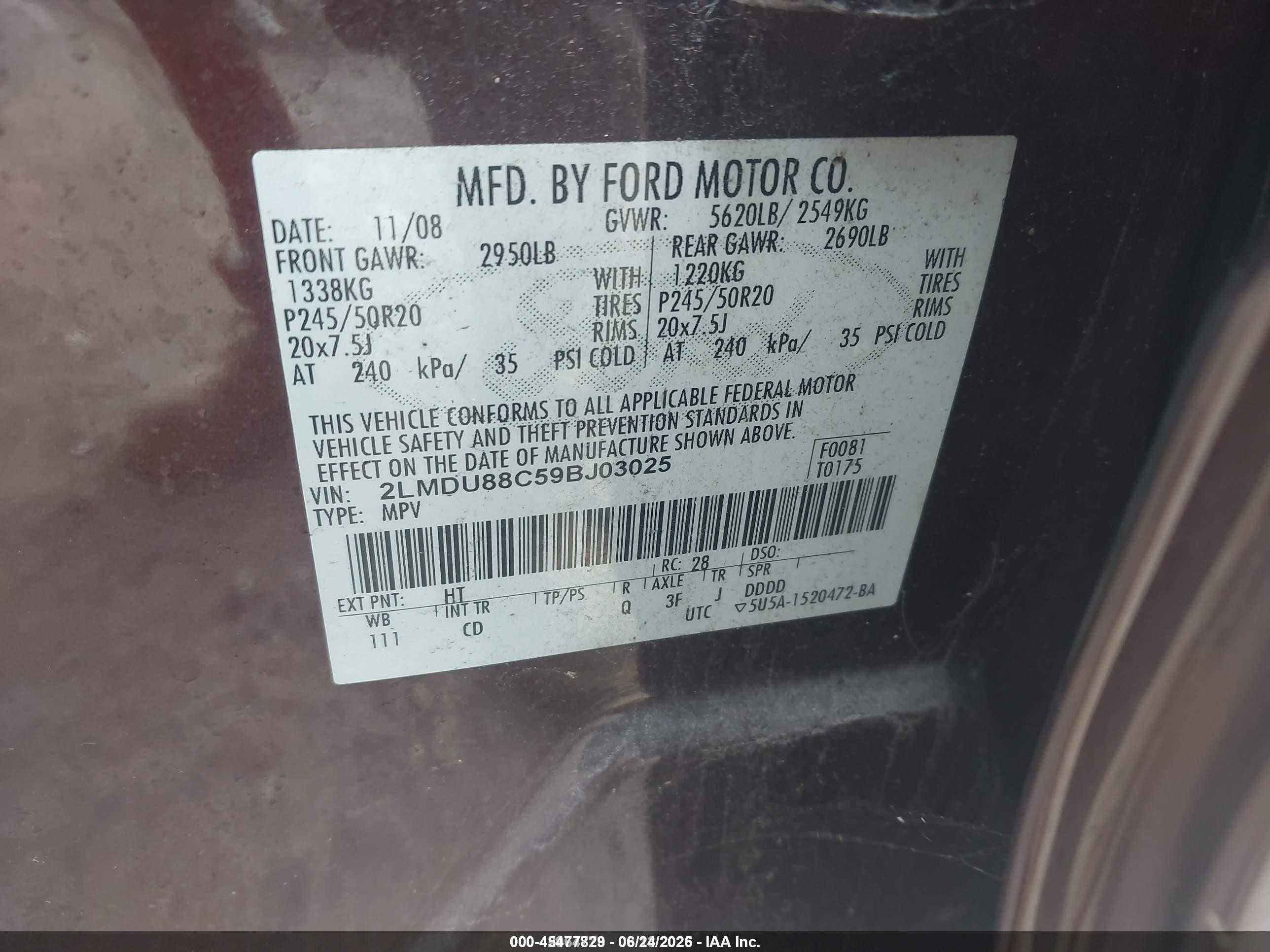 2009 Lincoln Mkx   Maroon vin: 2LMDU88C59BJ03025