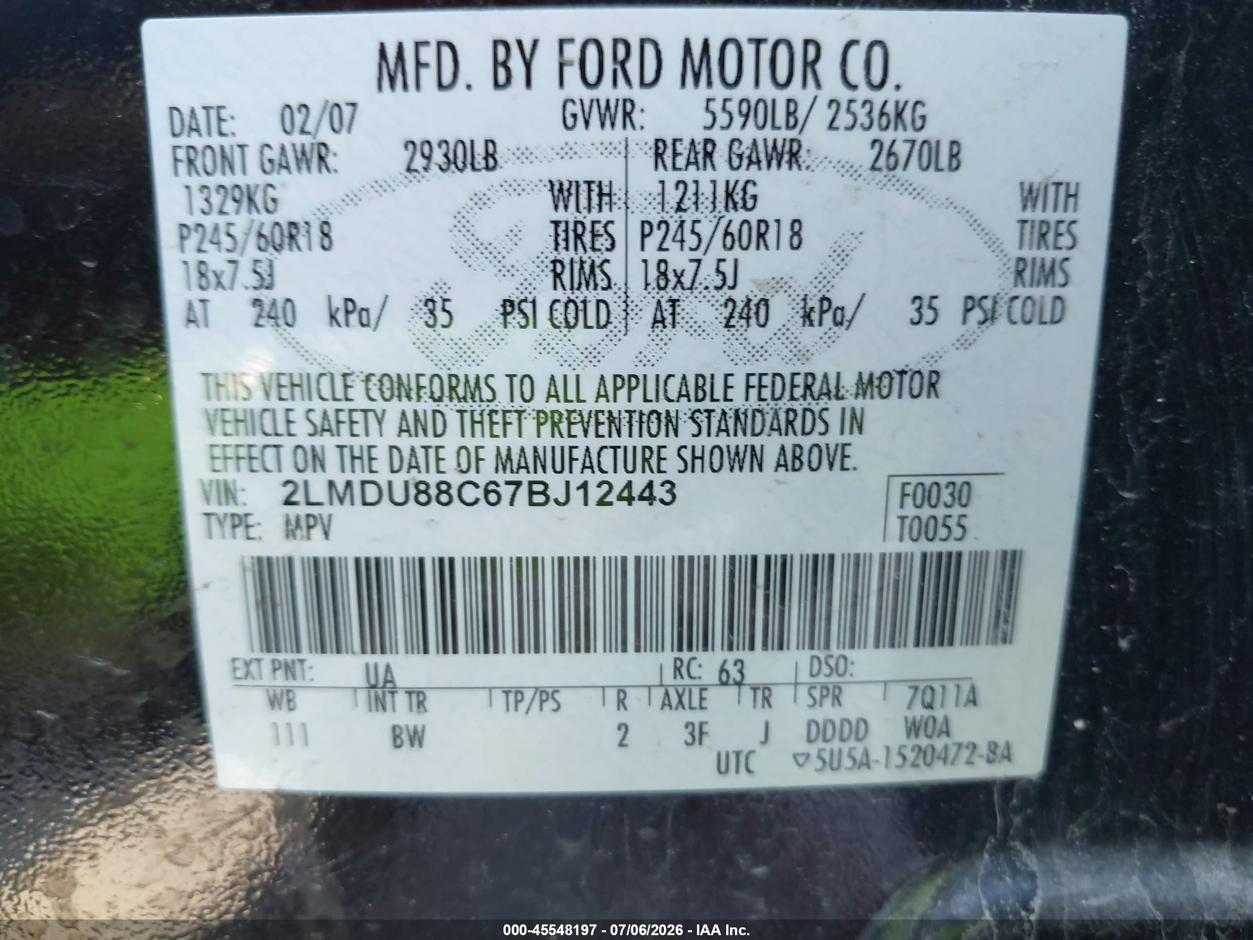 2007 Lincoln Mkx   Черный vin: 2LMDU88C67BJ12443