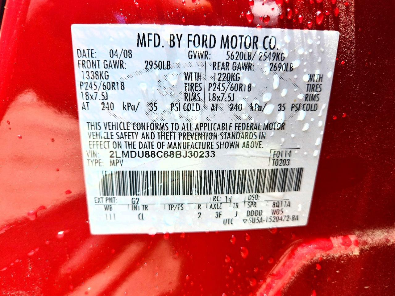 2008 Lincoln Mkx Red vin: 2LMDU88C68BJ30233