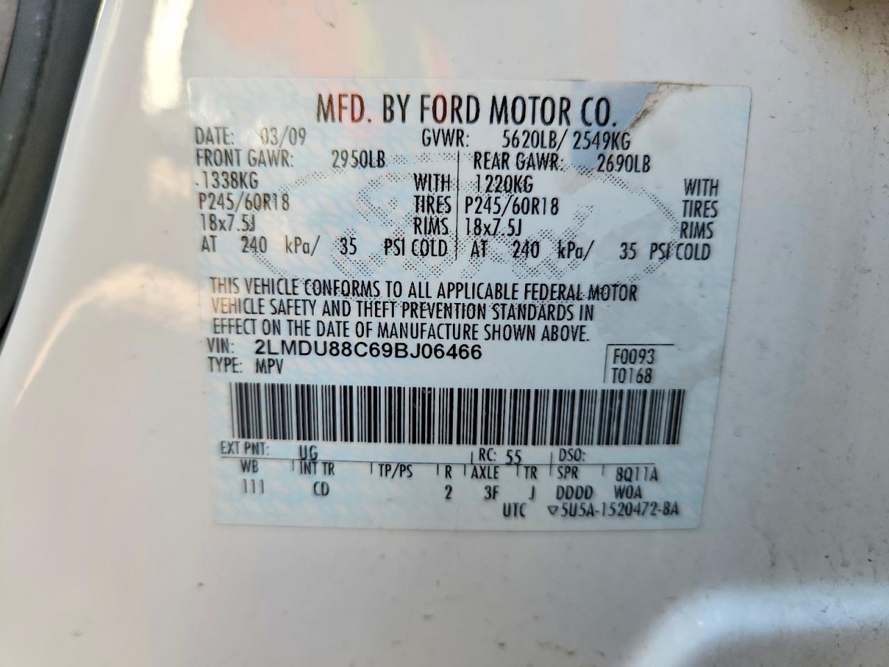 2009 Lincoln Mkx White vin: 2LMDU88C69BJ06466
