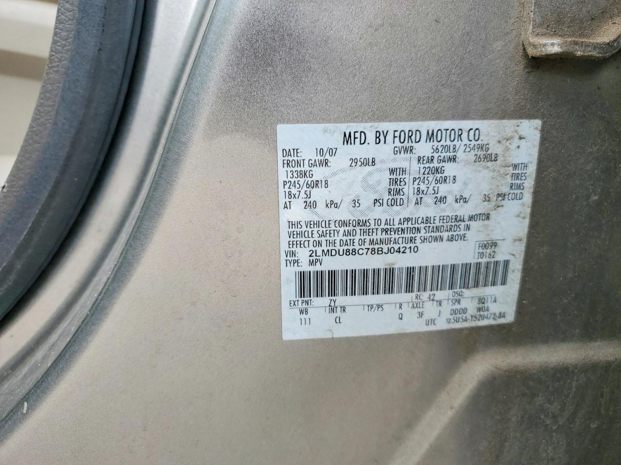 2008 Lincoln Mkx Beige vin: 2LMDU88C78BJ04210
