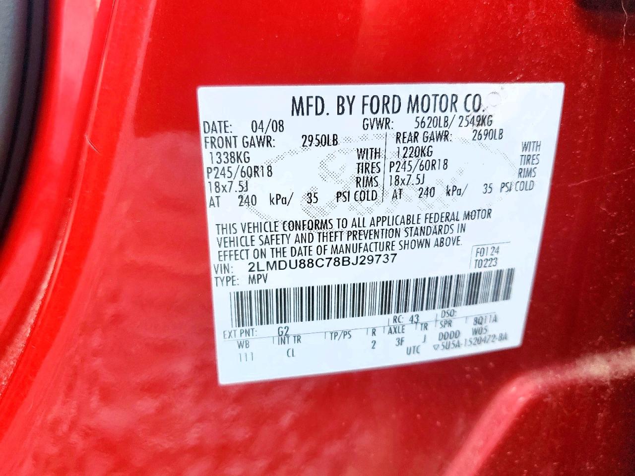2008 Lincoln Mkx Red vin: 2LMDU88C78BJ29737