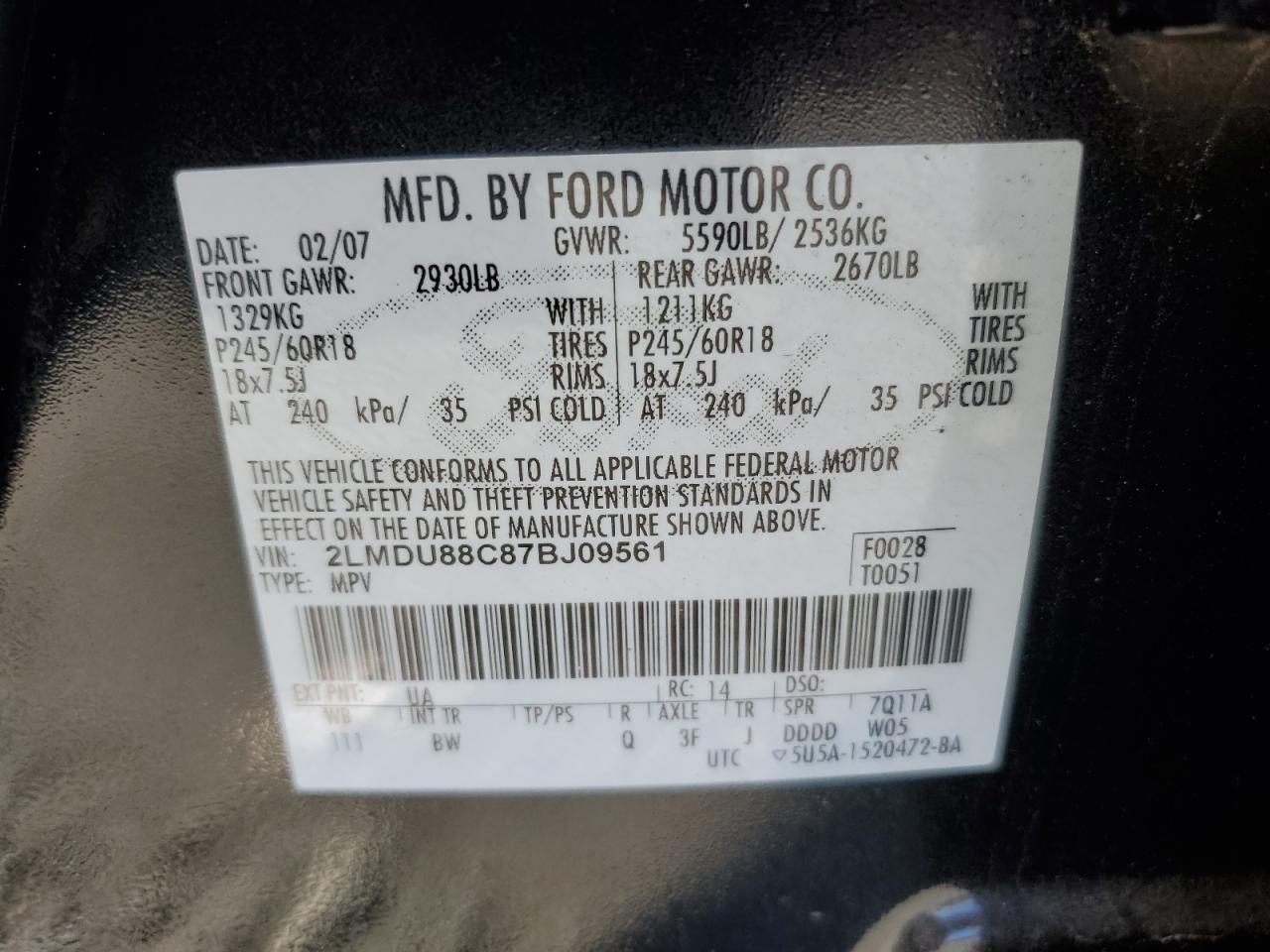 2007 Lincoln Mkx Black vin: 2LMDU88C87BJ09561