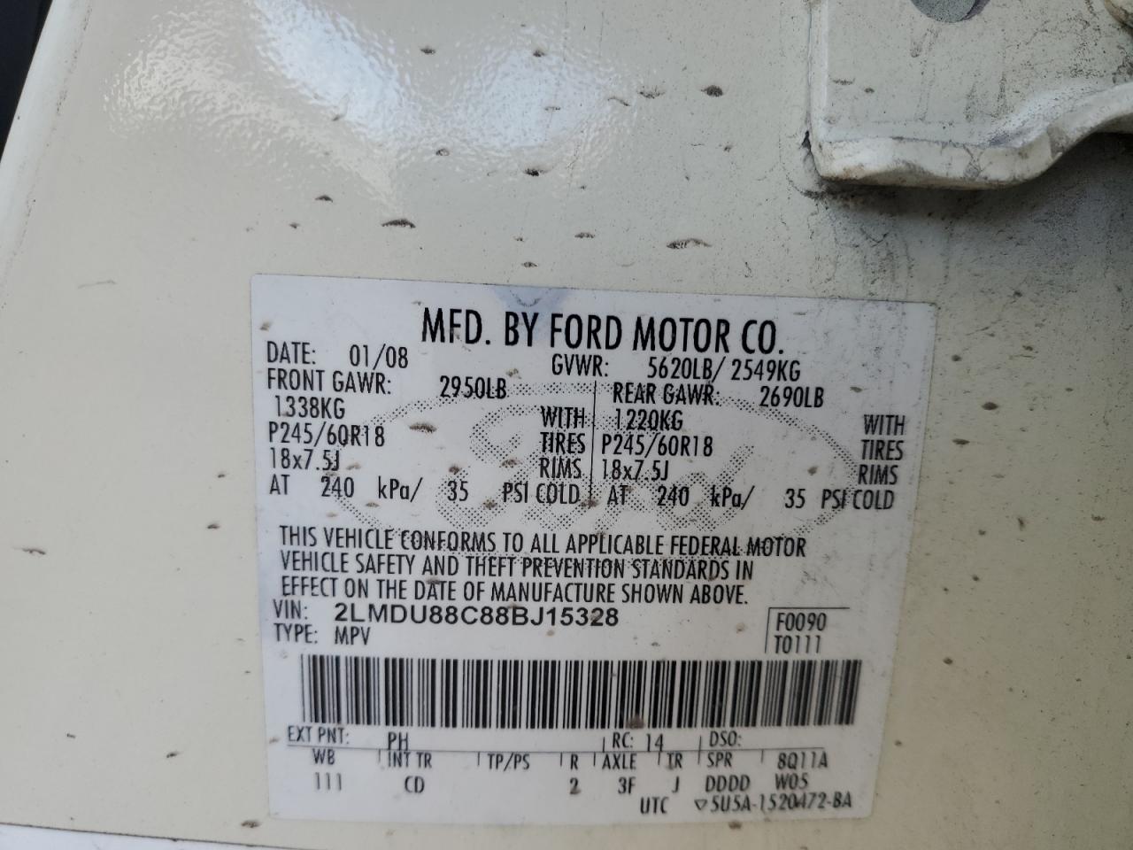 2008 Lincoln Mkx White vin: 2LMDU88C88BJ15328