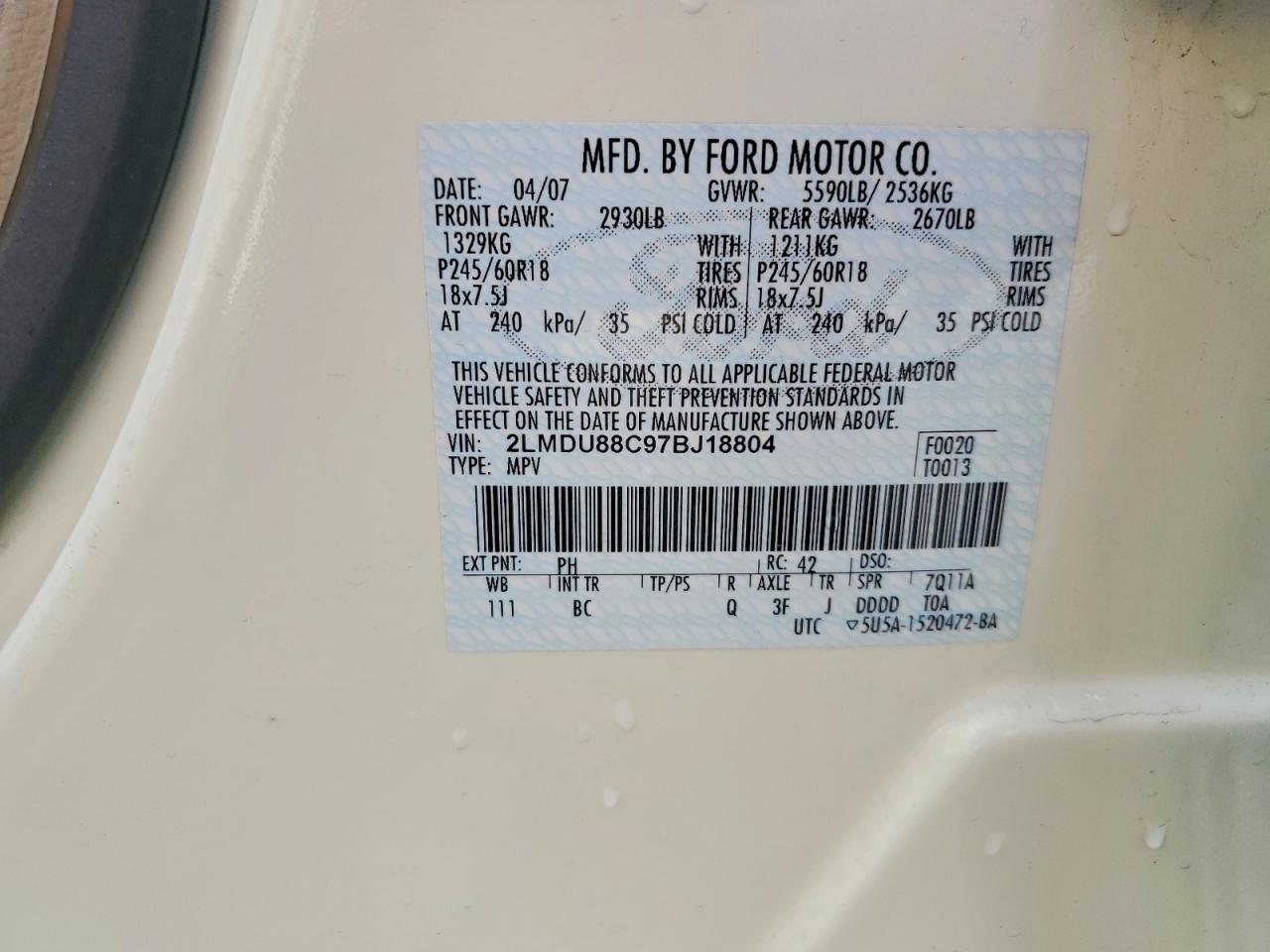 2007 Lincoln Mkx Cream vin: 2LMDU88C97BJ18804