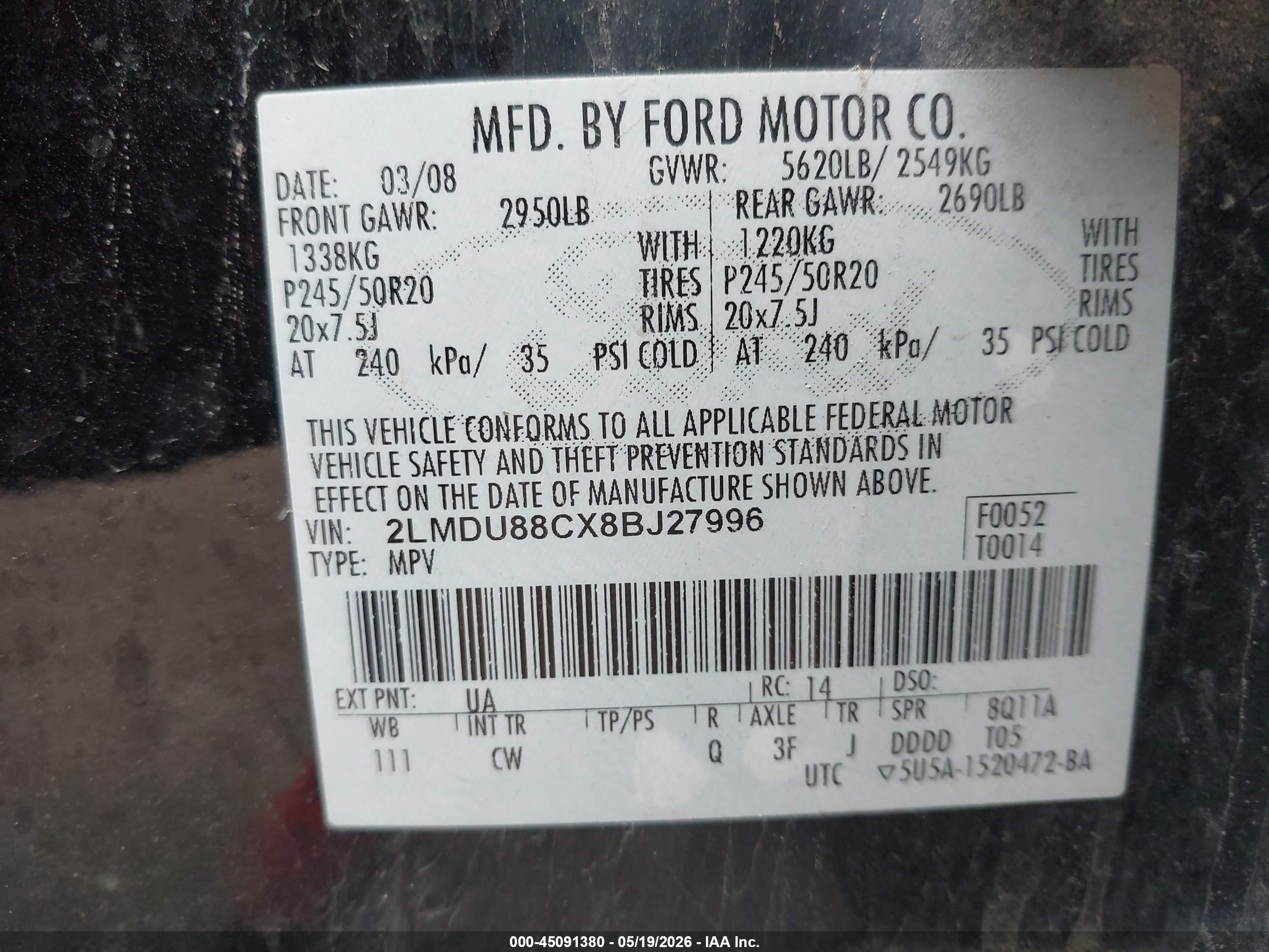 2008 Lincoln Mkx   Black vin: 2LMDU88CX8BJ27996