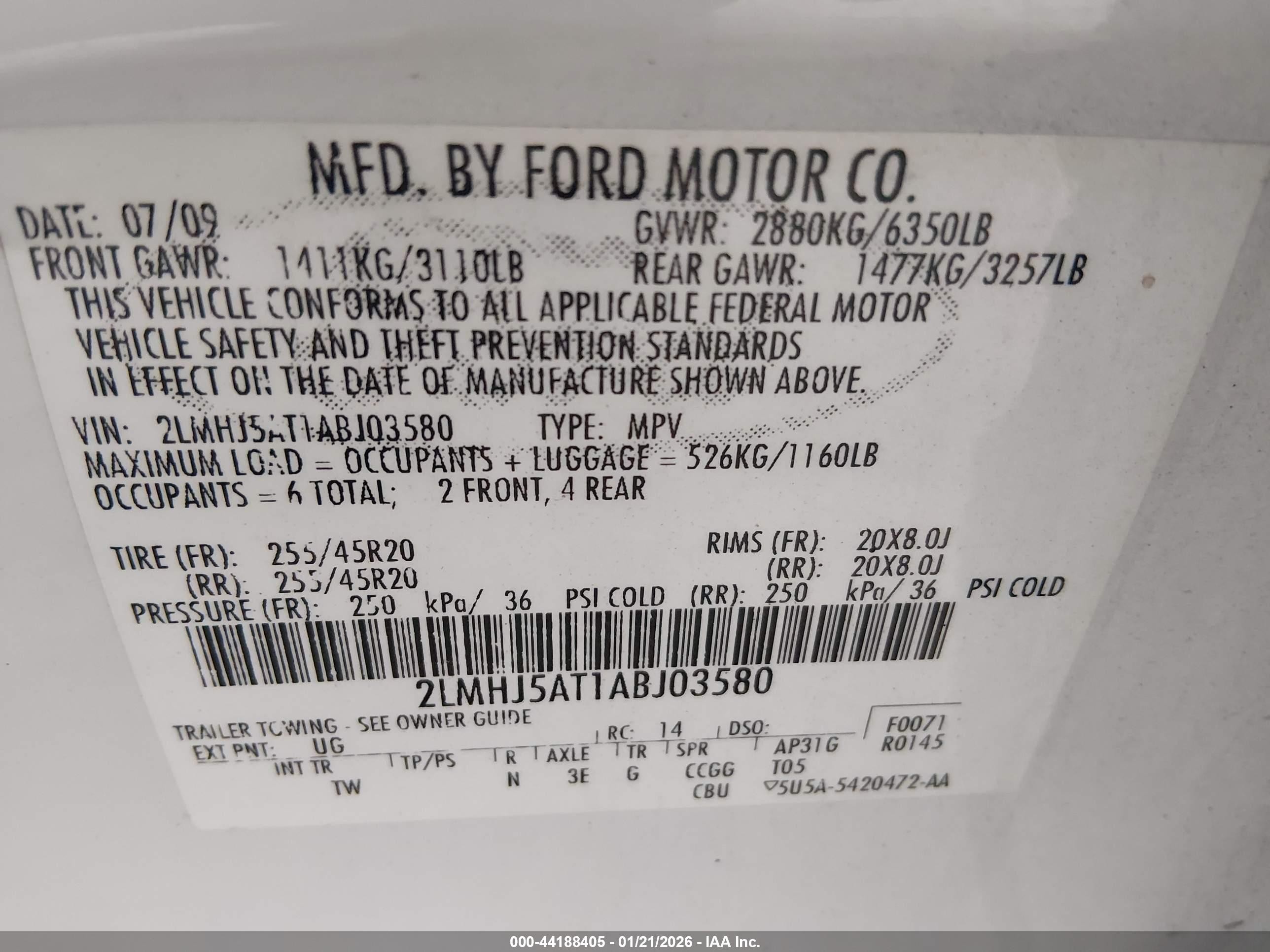 2010 Lincoln Mkt Ecoboost White vin: 2LMHJ5AT1ABJ03580