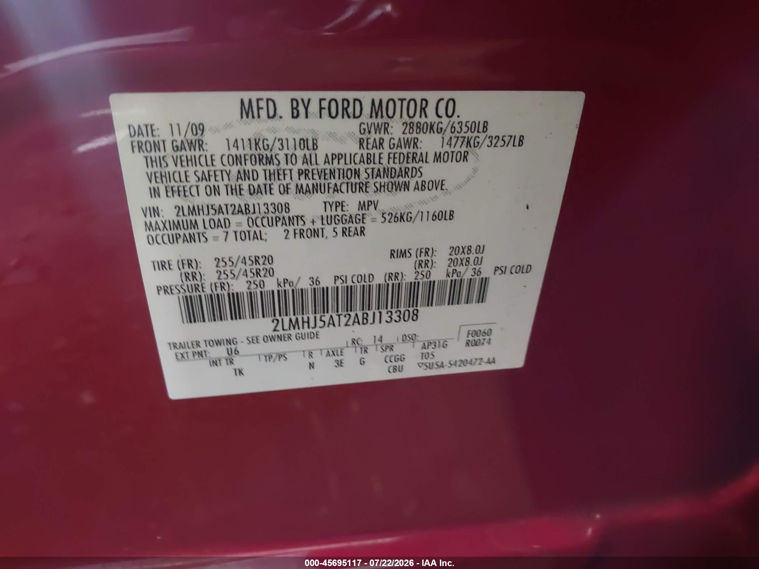 2010 Lincoln Mkt Ecoboost Red vin: 2LMHJ5AT2ABJ13308