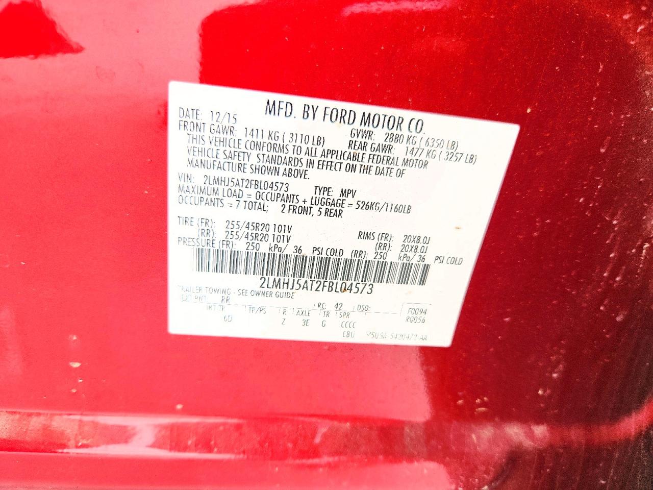 2015 Lincoln Mkt Red vin: 2LMHJ5AT2FBL04573