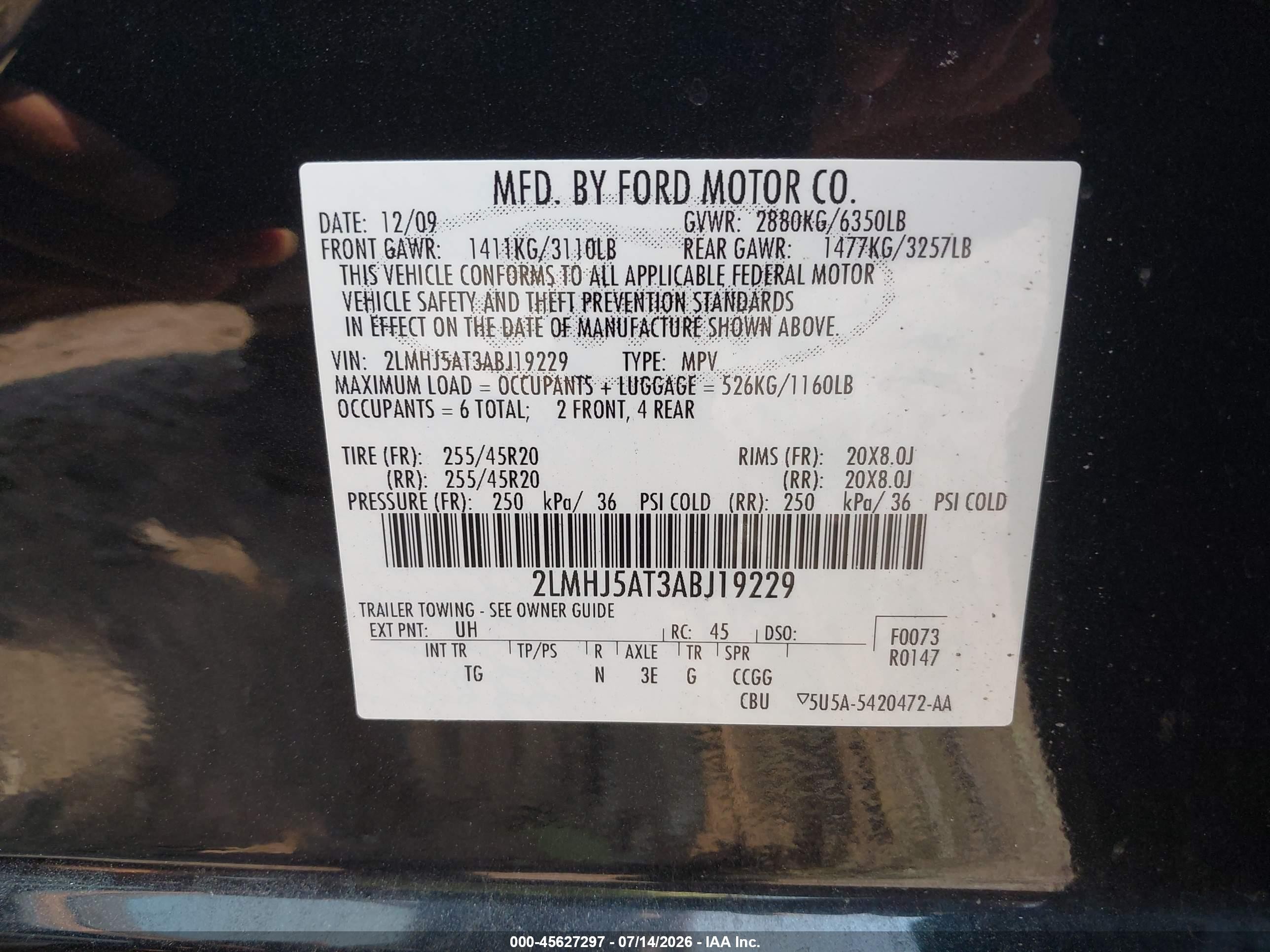2010 Lincoln Mkt Ecoboost Black vin: 2LMHJ5AT3ABJ19229
