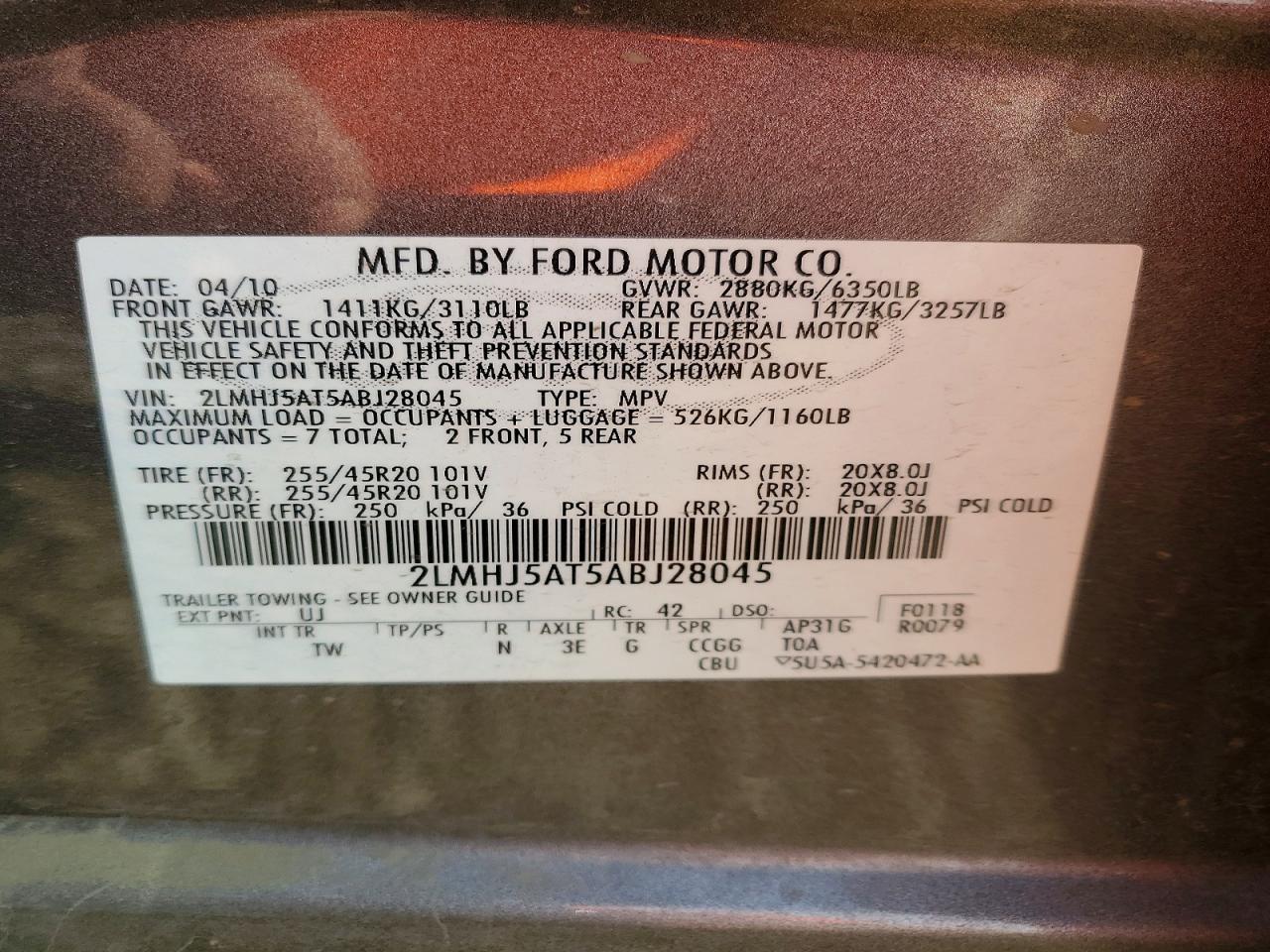 2010 Lincoln Mkt Gray vin: 2LMHJ5AT5ABJ28045