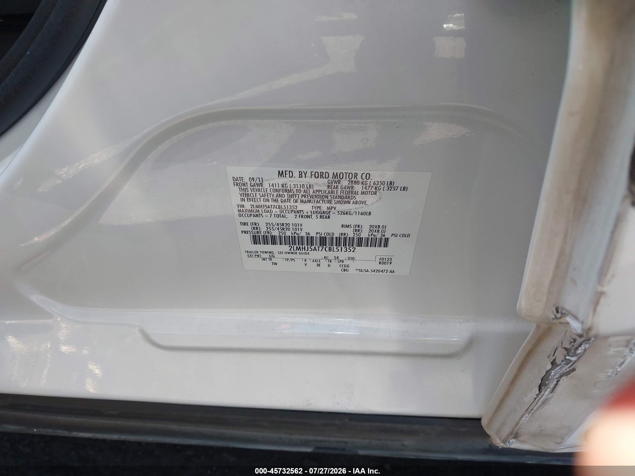 2012 Lincoln Mkt Ecoboost White vin: 2LMHJ5AT7CBL51352