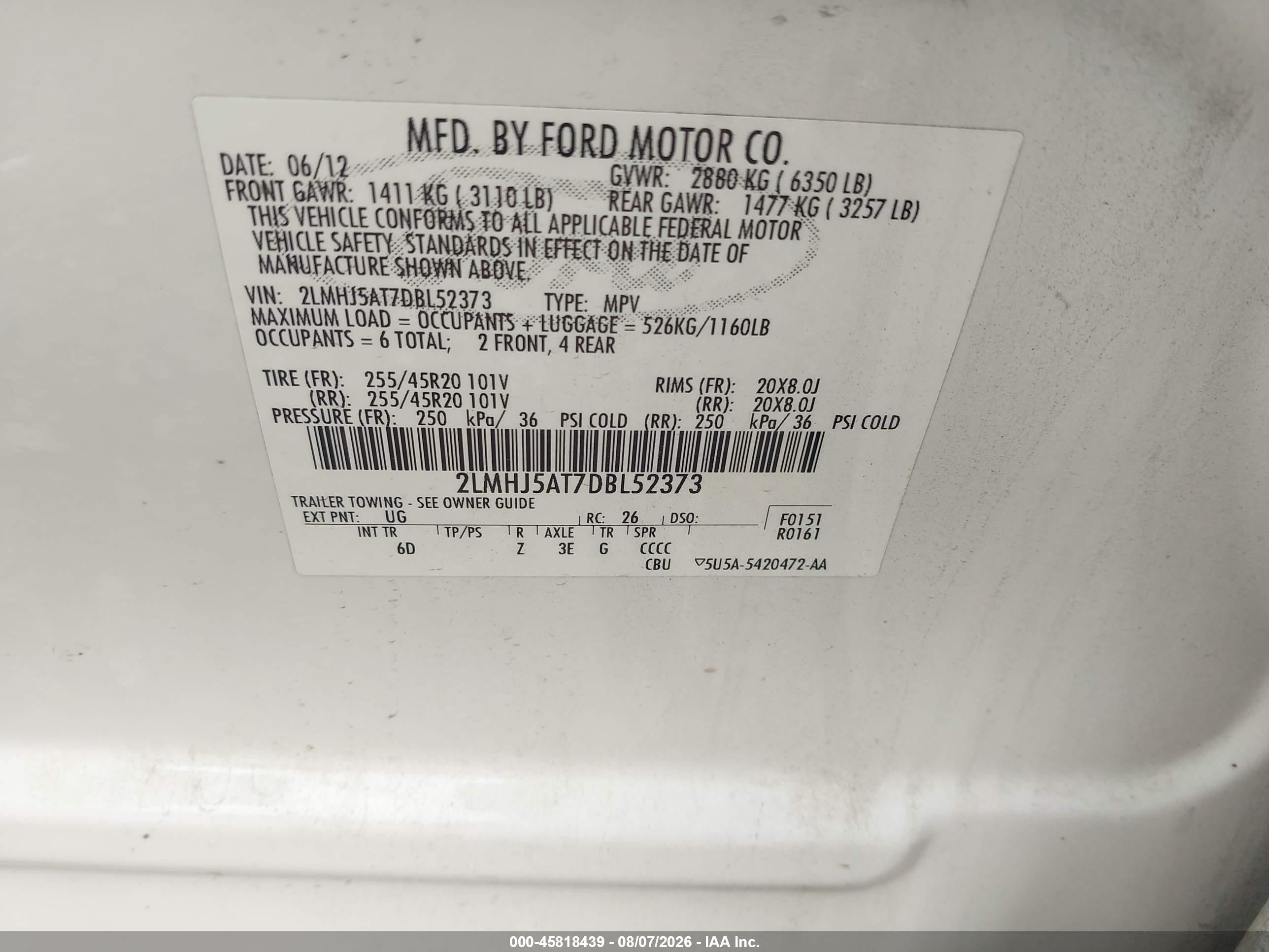 2013 Lincoln Mkt Ecoboost White vin: 2LMHJ5AT7DBL52373