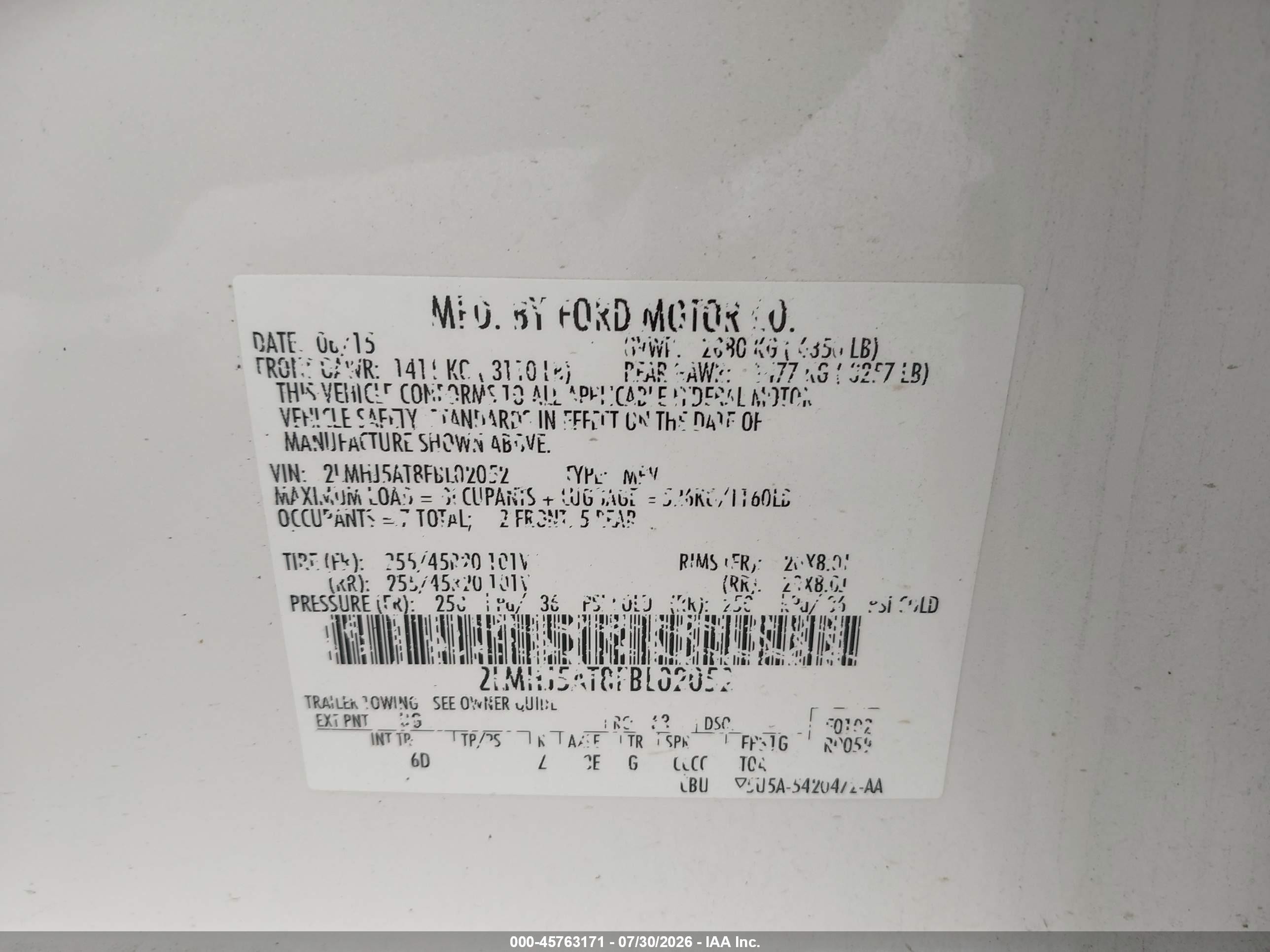 2015 Lincoln Mkt Ecoboost White vin: 2LMHJ5AT8FBL02052
