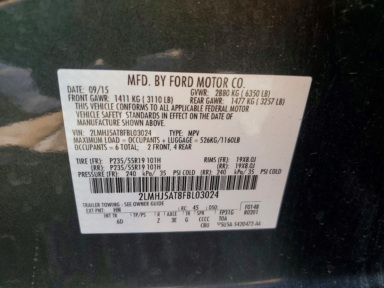 2015 Lincoln Mkt Green vin: 2LMHJ5AT8FBL03024