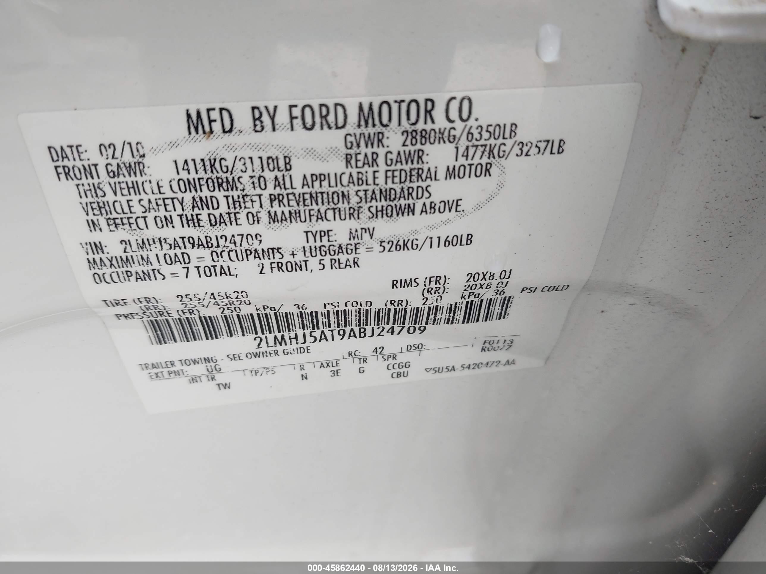 2010 Lincoln Mkt Ecoboost White vin: 2LMHJ5AT9ABJ24709