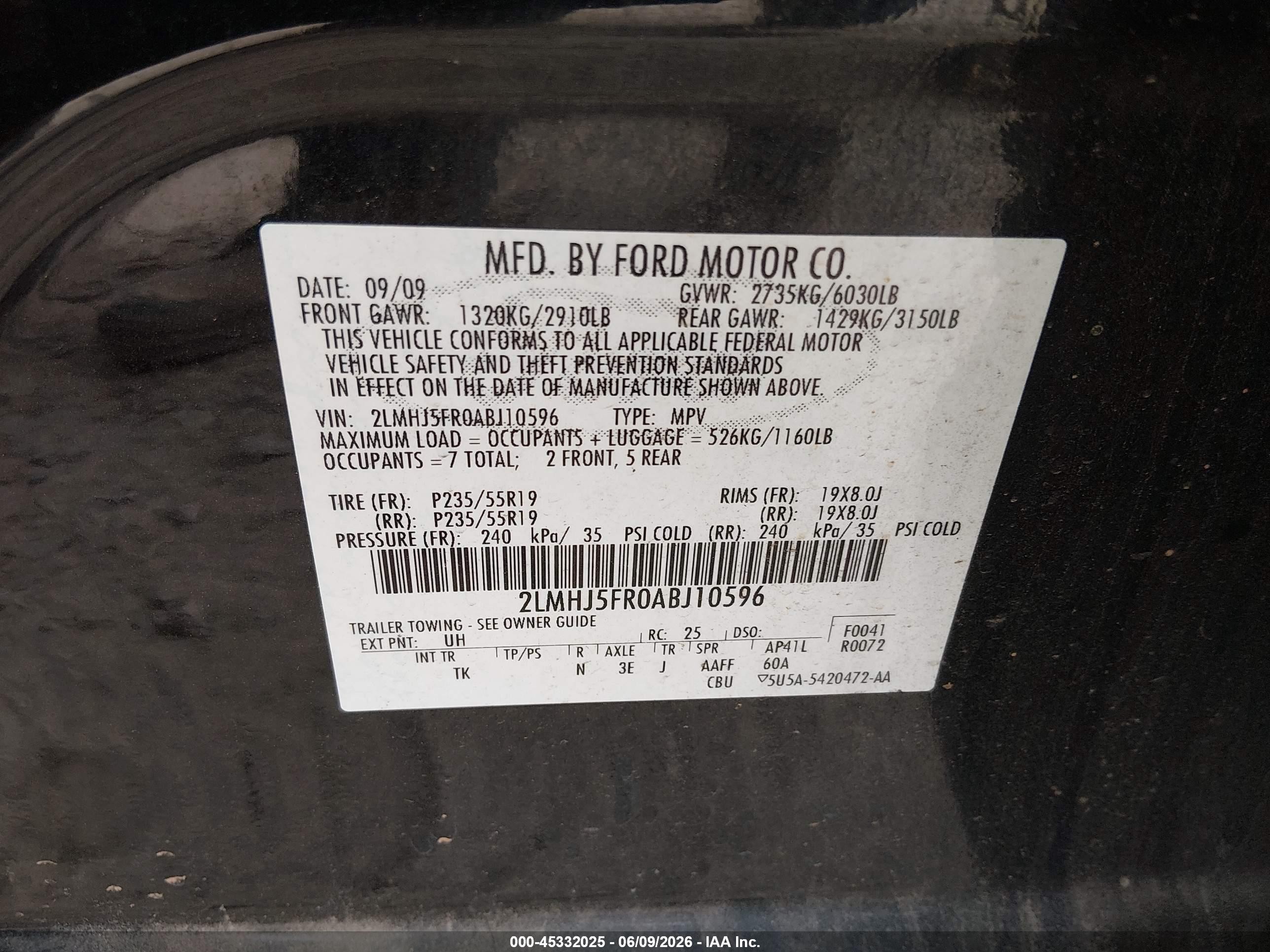 2010 Lincoln Mkt   Black vin: 2LMHJ5FR0ABJ10596