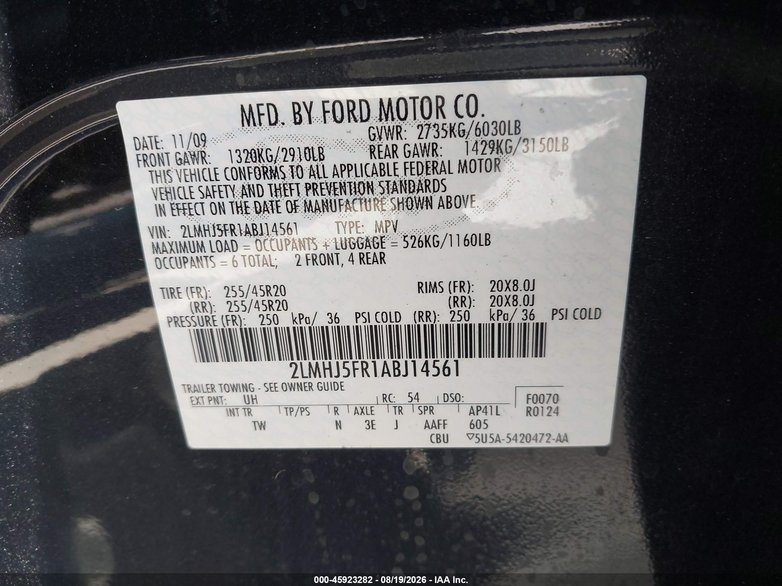 2010 Lincoln Mkt   Черный vin: 2LMHJ5FR1ABJ14561