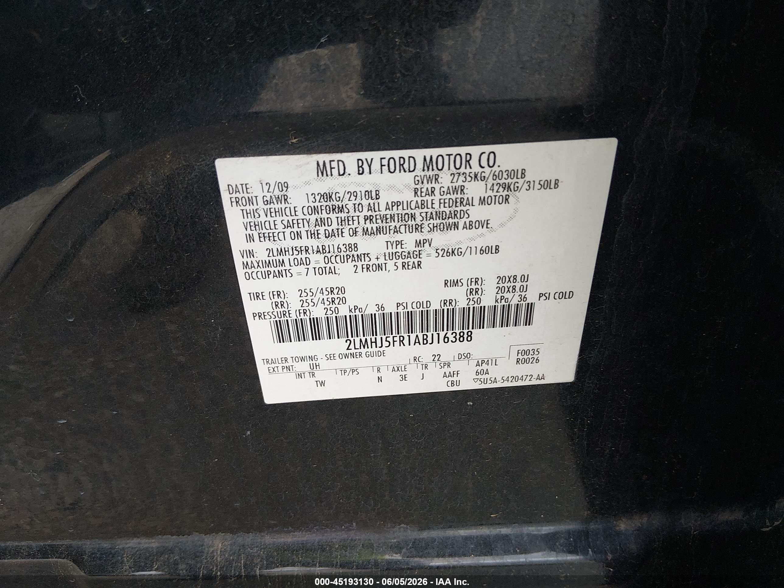 2010 Lincoln Mkt   Black vin: 2LMHJ5FR1ABJ16388