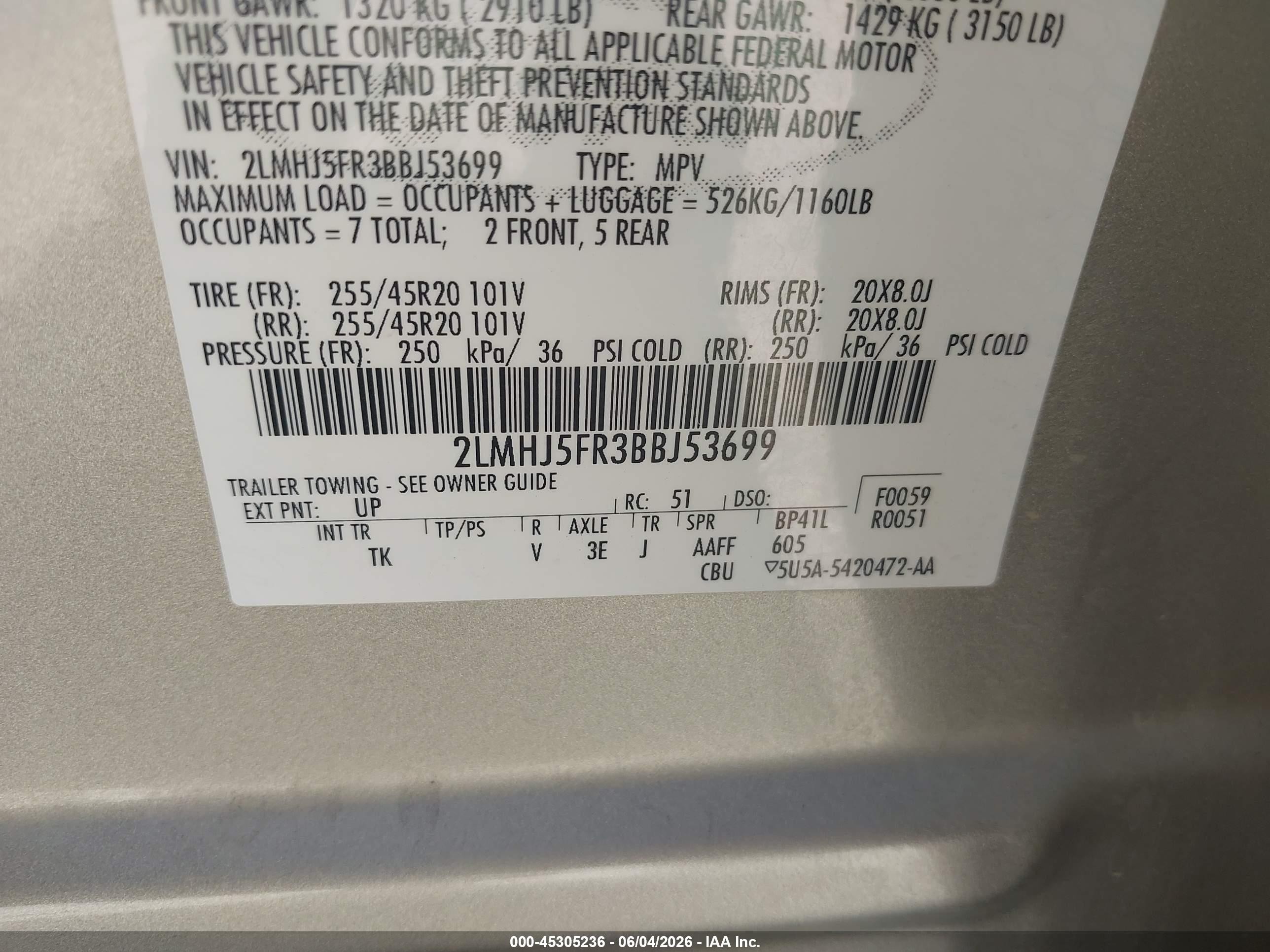 2011 Lincoln Mkt   Tan vin: 2LMHJ5FR3BBJ53699