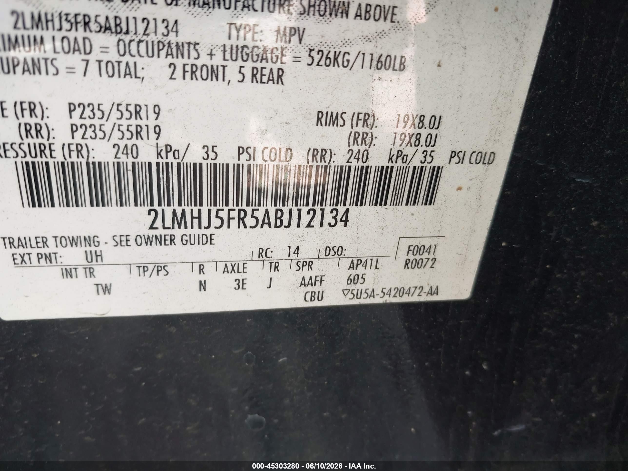 2010 Lincoln Mkt   Black vin: 2LMHJ5FR5ABJ12134