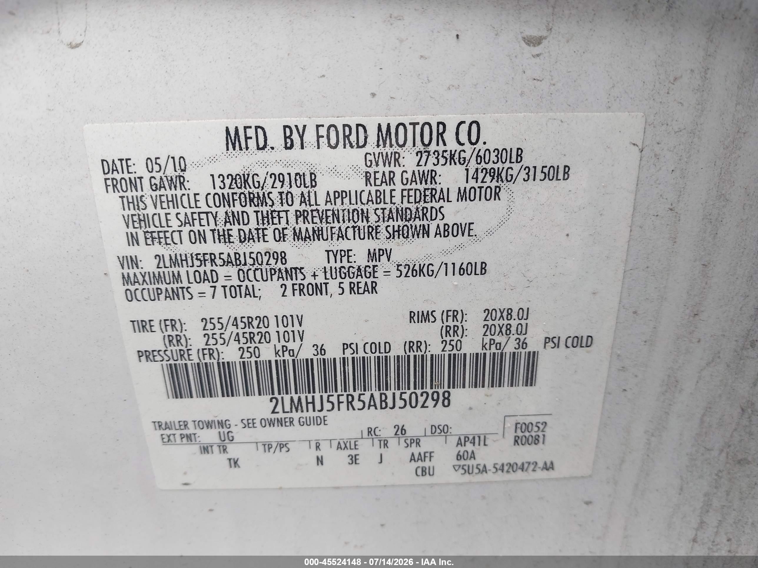 2010 Lincoln Mkt   White vin: 2LMHJ5FR5ABJ50298