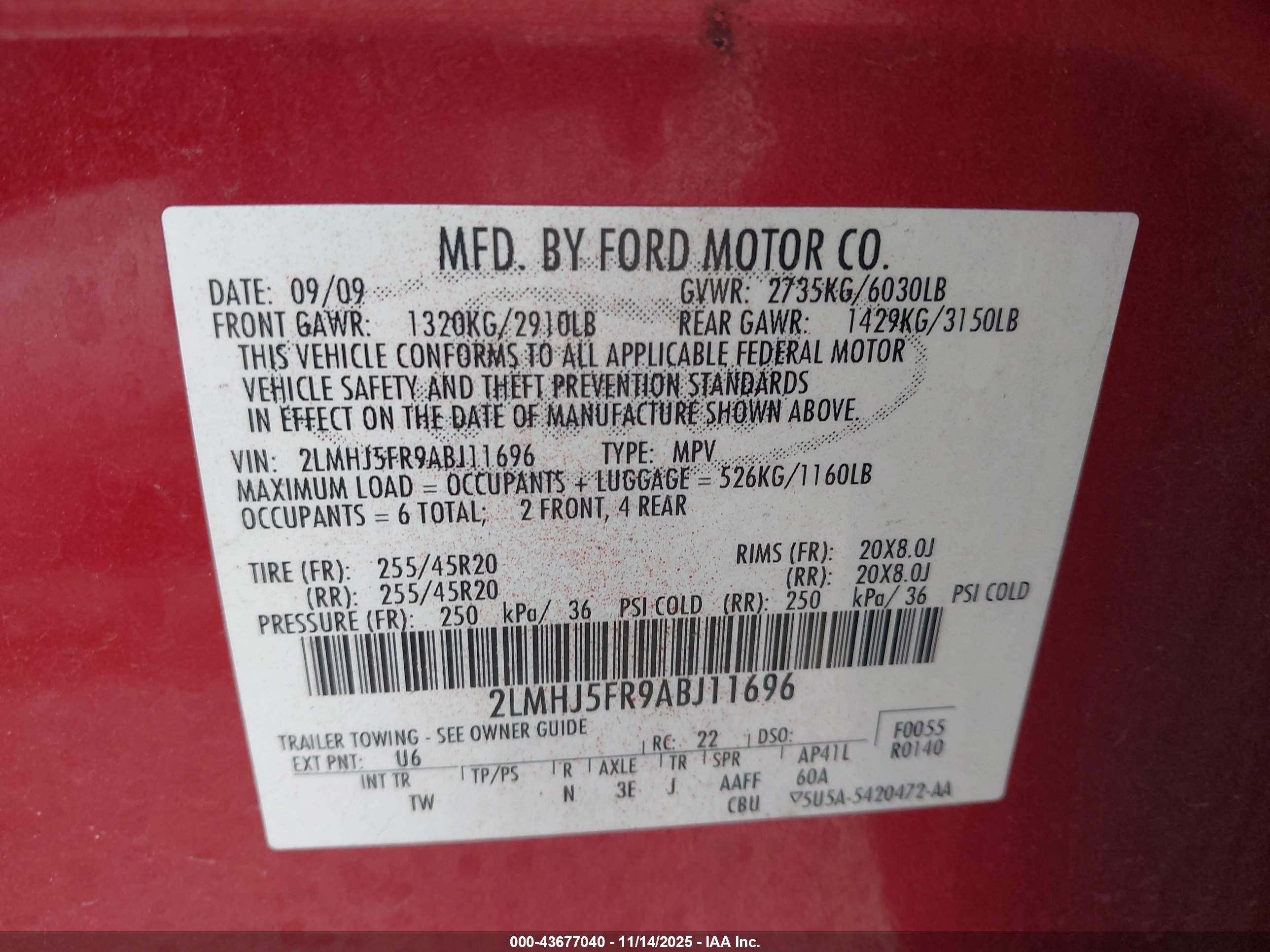 2010 Lincoln Mkt   Red vin: 2LMHJ5FR9ABJ11696