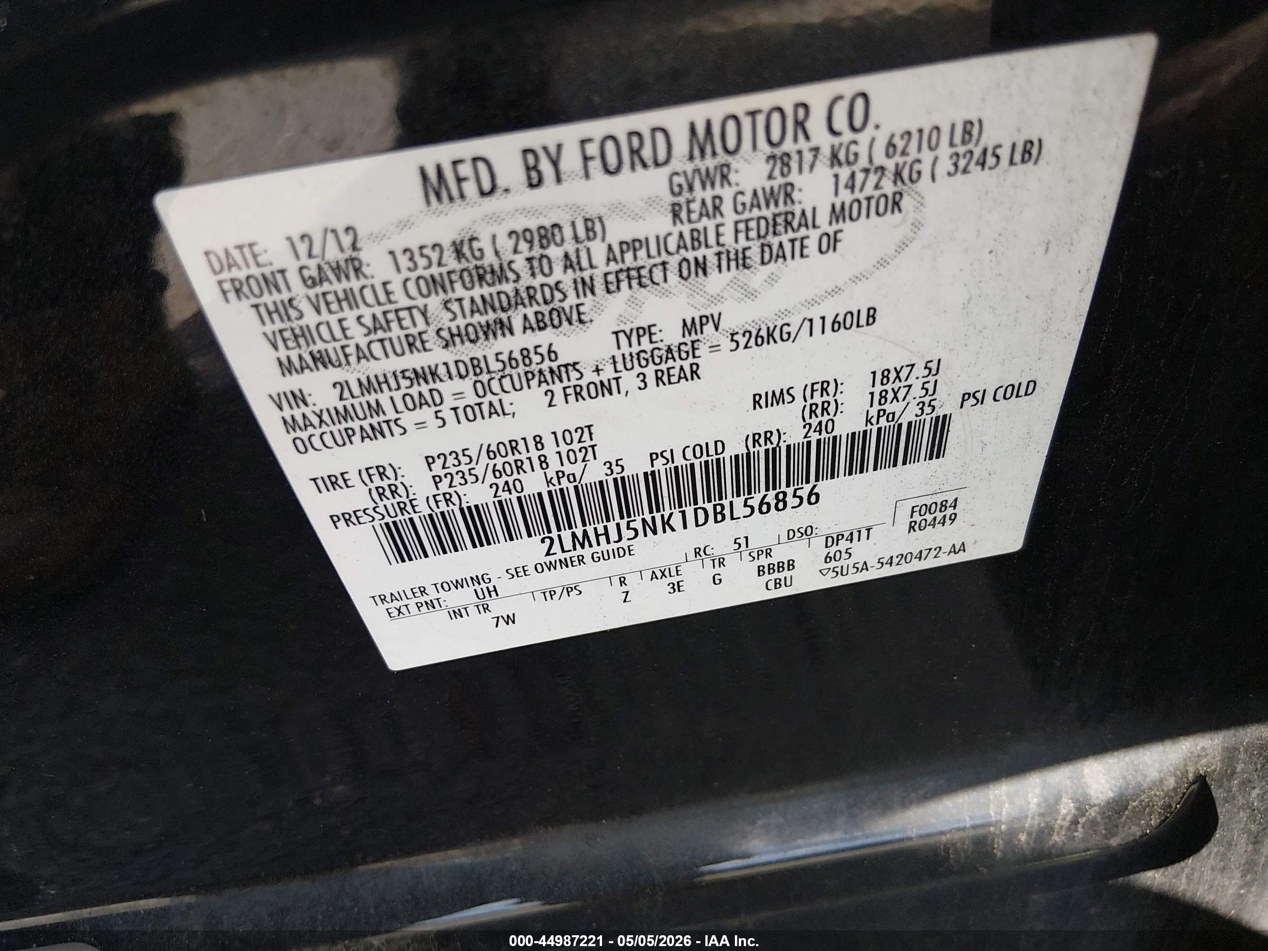 2013 Lincoln Mkt Livery Black vin: 2LMHJ5NK1DBL56856