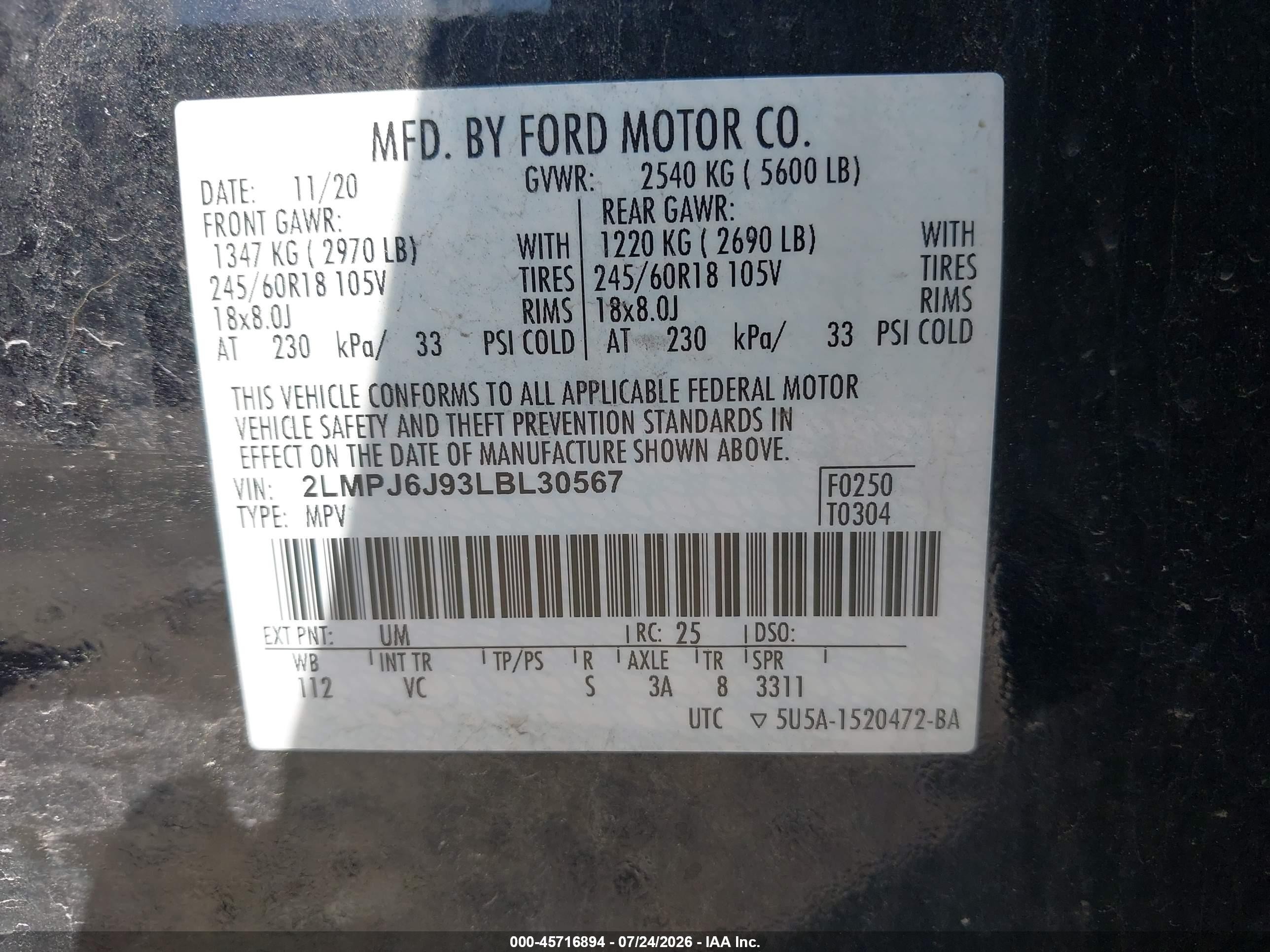 2020 Lincoln Nautilus Standard Black vin: 2LMPJ6J93LBL30567