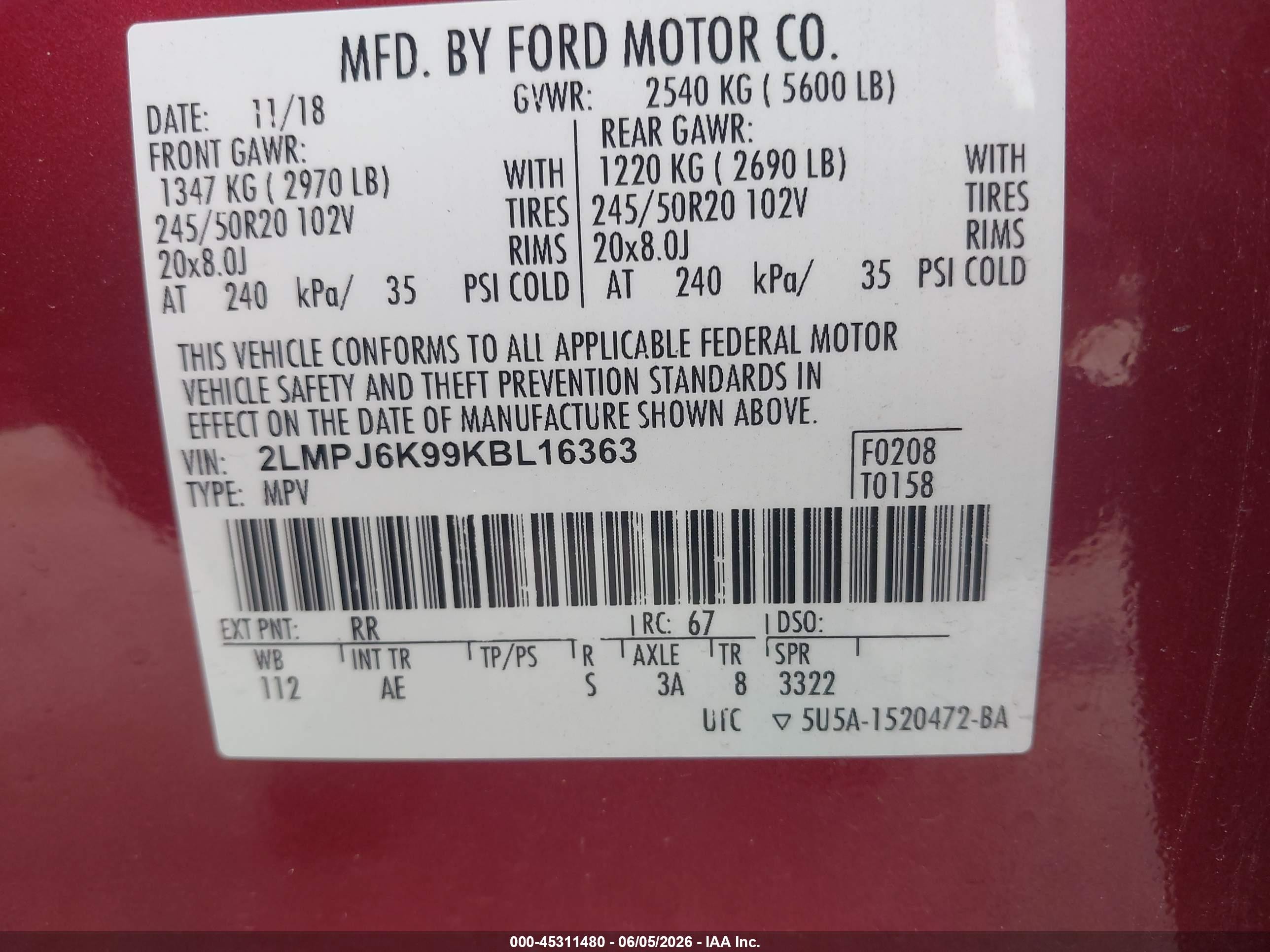 2019 Lincoln Nautilus Select Maroon vin: 2LMPJ6K99KBL16363