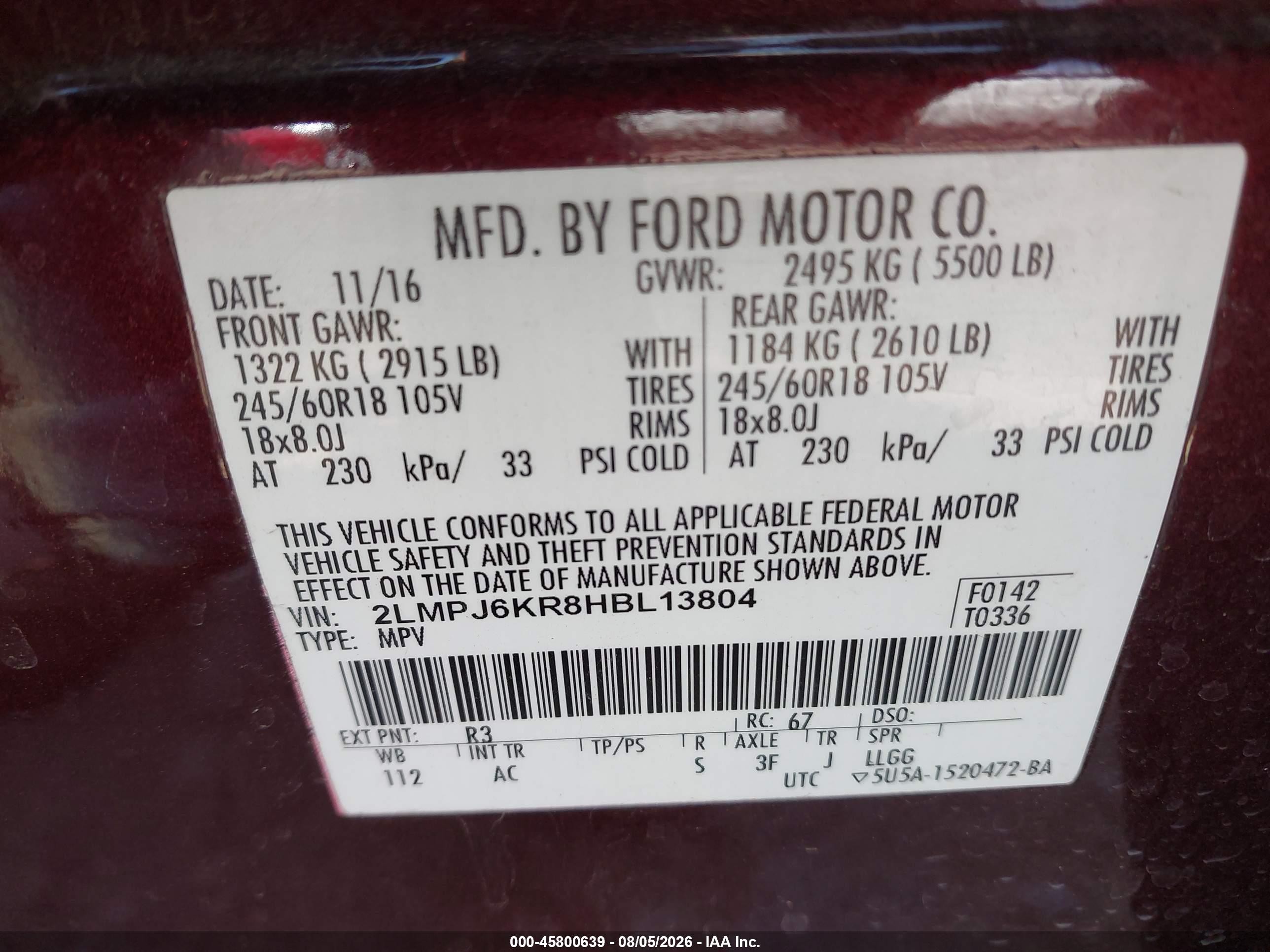 2017 Lincoln Mkx Select Maroon vin: 2LMPJ6KR8HBL13804