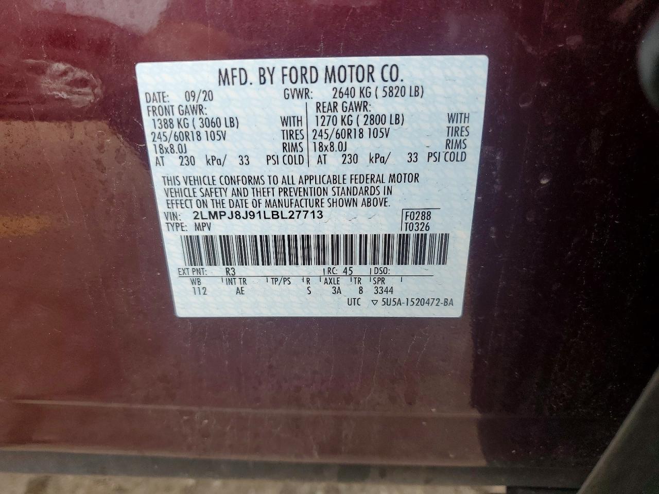 2020 Lincoln Nautilus Burgundy vin: 2LMPJ8J91LBL27713