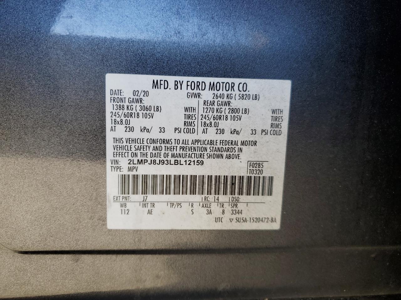 2020 Lincoln Nautilus Gray vin: 2LMPJ8J93LBL12159