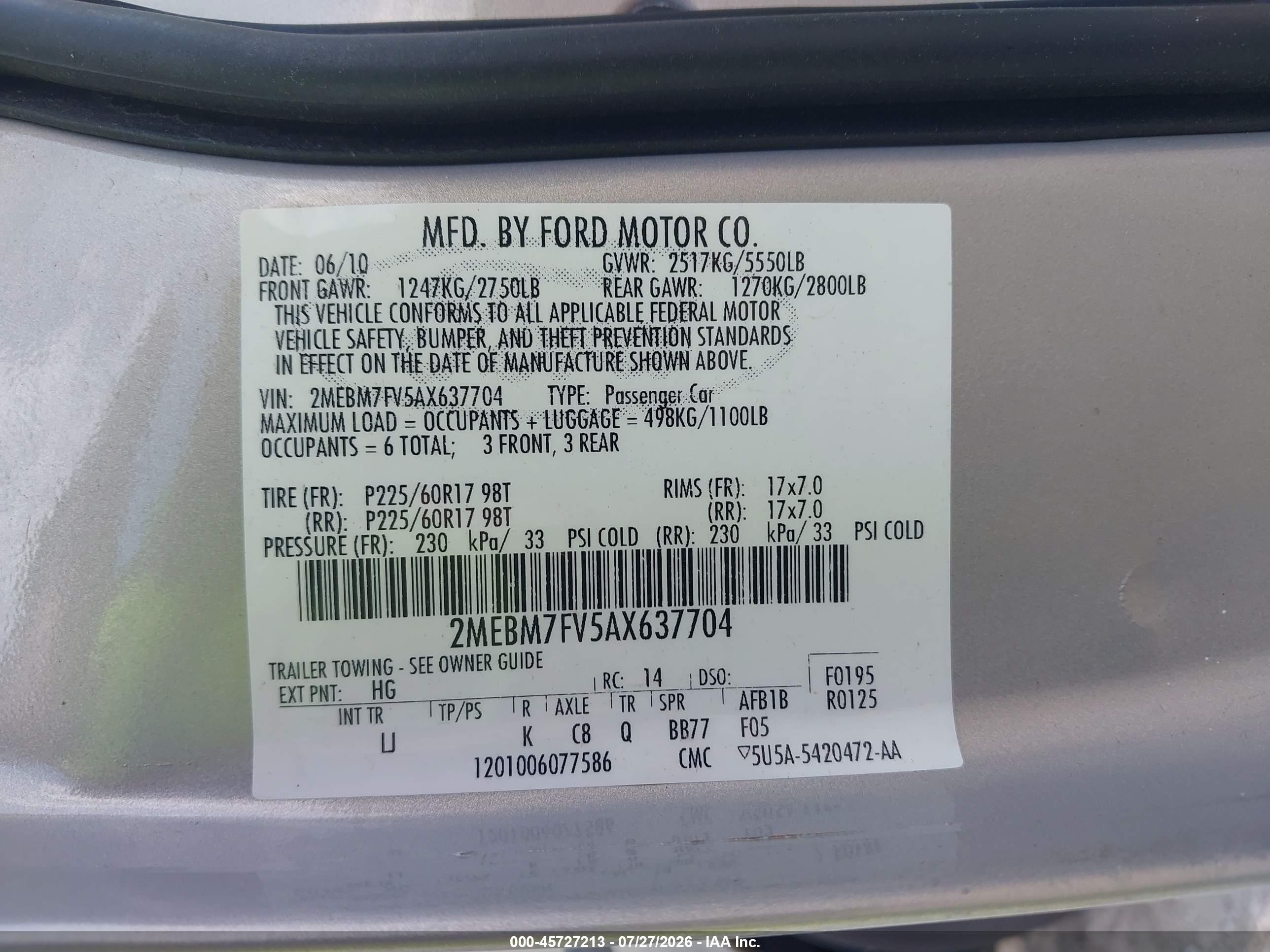 2010 Mercury Grand Marquis Ls (fleet Only) Champagne vin: 2MEBM7FV5AX637704
