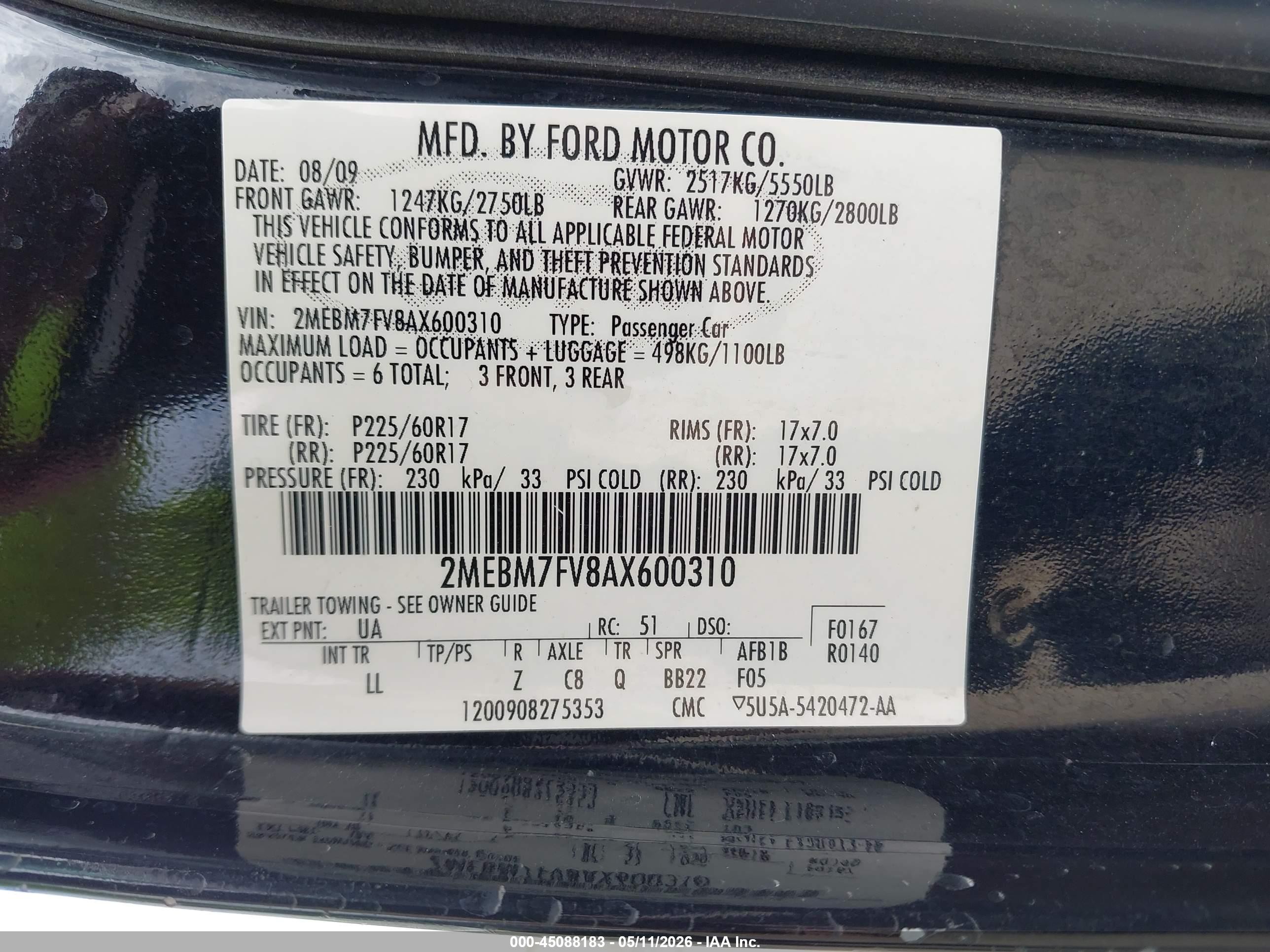 2010 Mercury Grand Marquis Ls (fleet Only) Black vin: 2MEBM7FV8AX600310