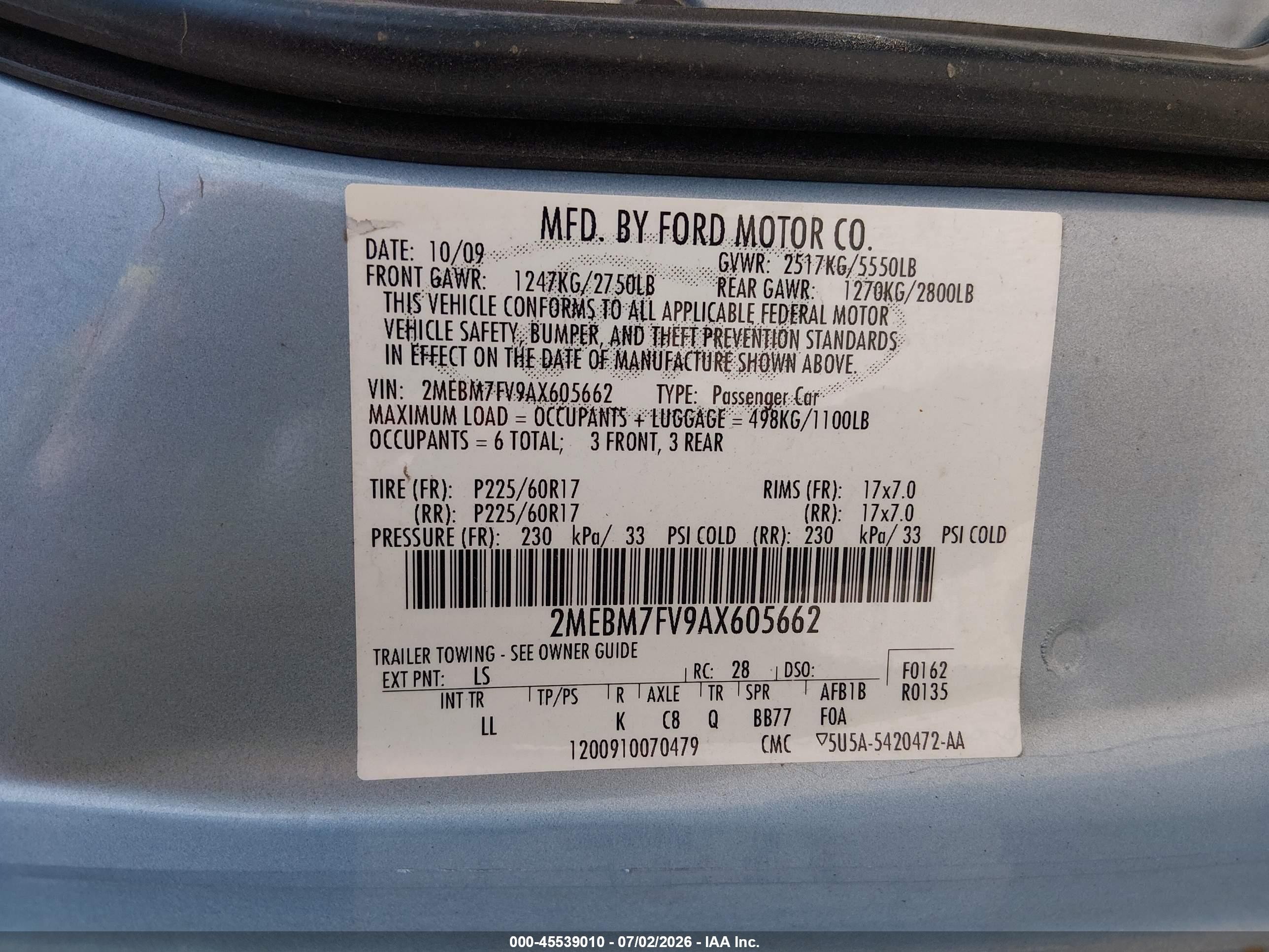 2010 Mercury Grand Marquis Ls (fleet Only) Blue vin: 2MEBM7FV9AX605662