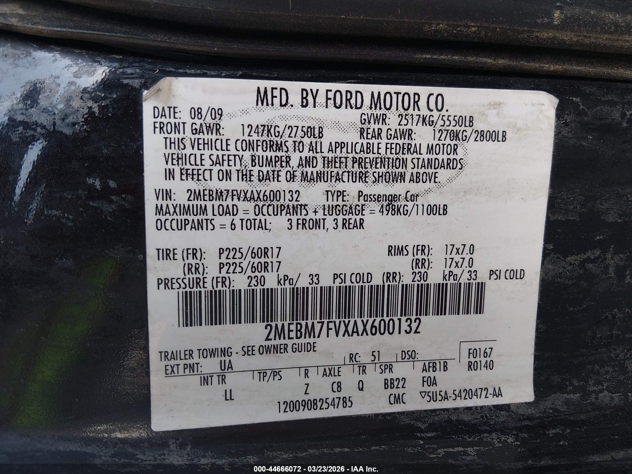 2010 Mercury Grand Marquis Ls (fleet Only) Black vin: 2MEBM7FVXAX600132