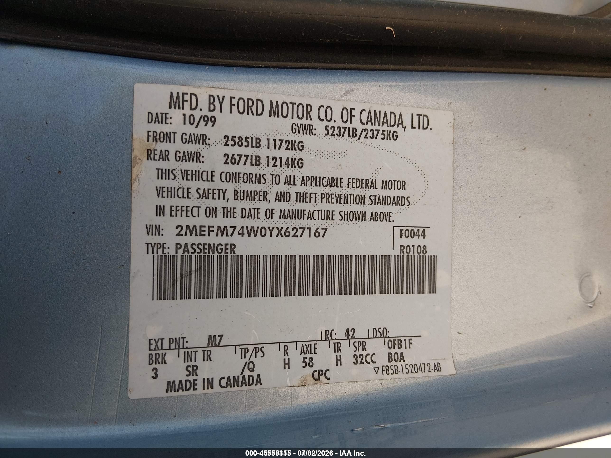 2000 Mercury Grand Marquis Gs Blue vin: 2MEFM74W0YX627167