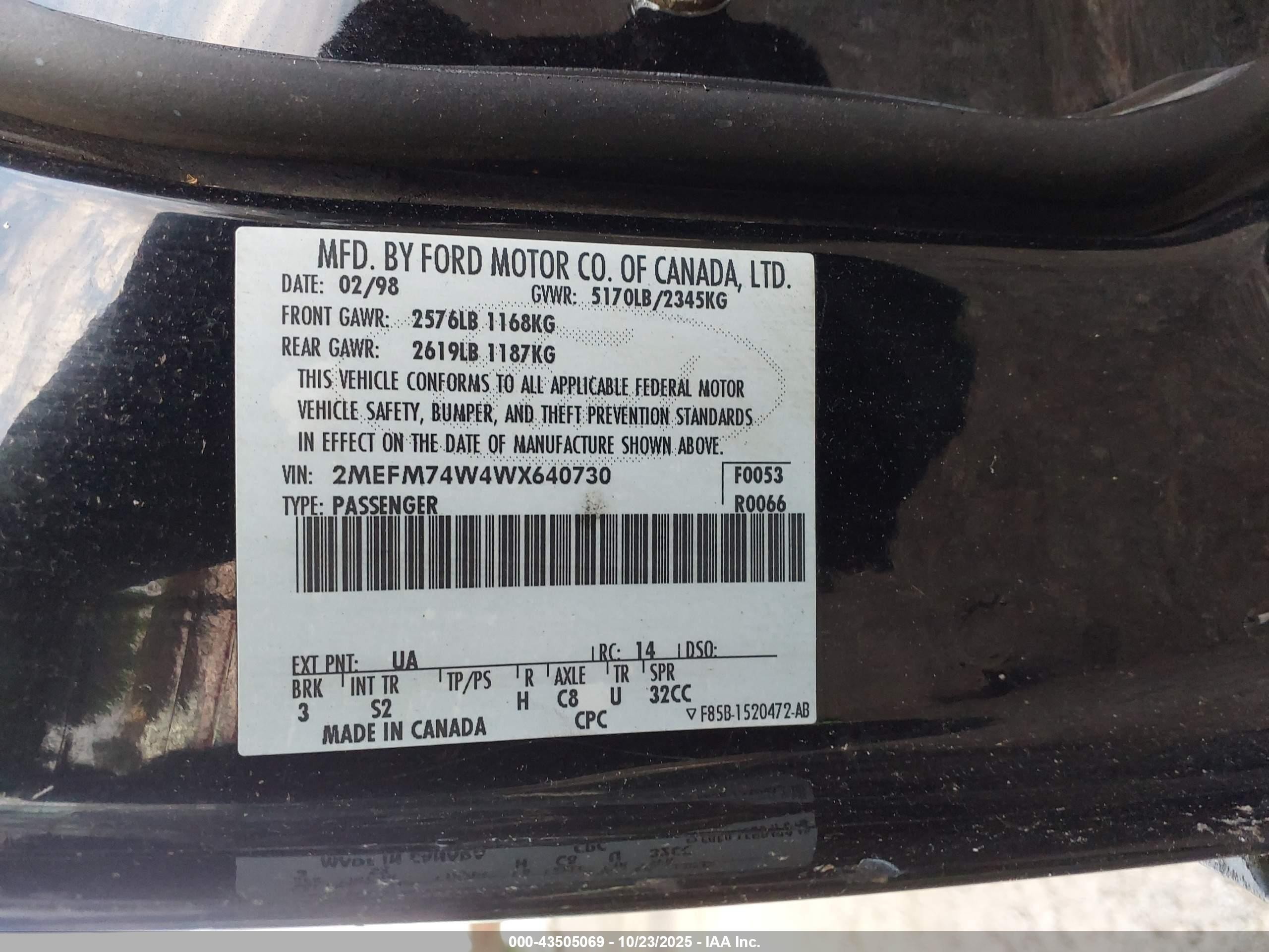 1998 Mercury Grand Marquis   Black vin: 2MEFM74W4WX640730