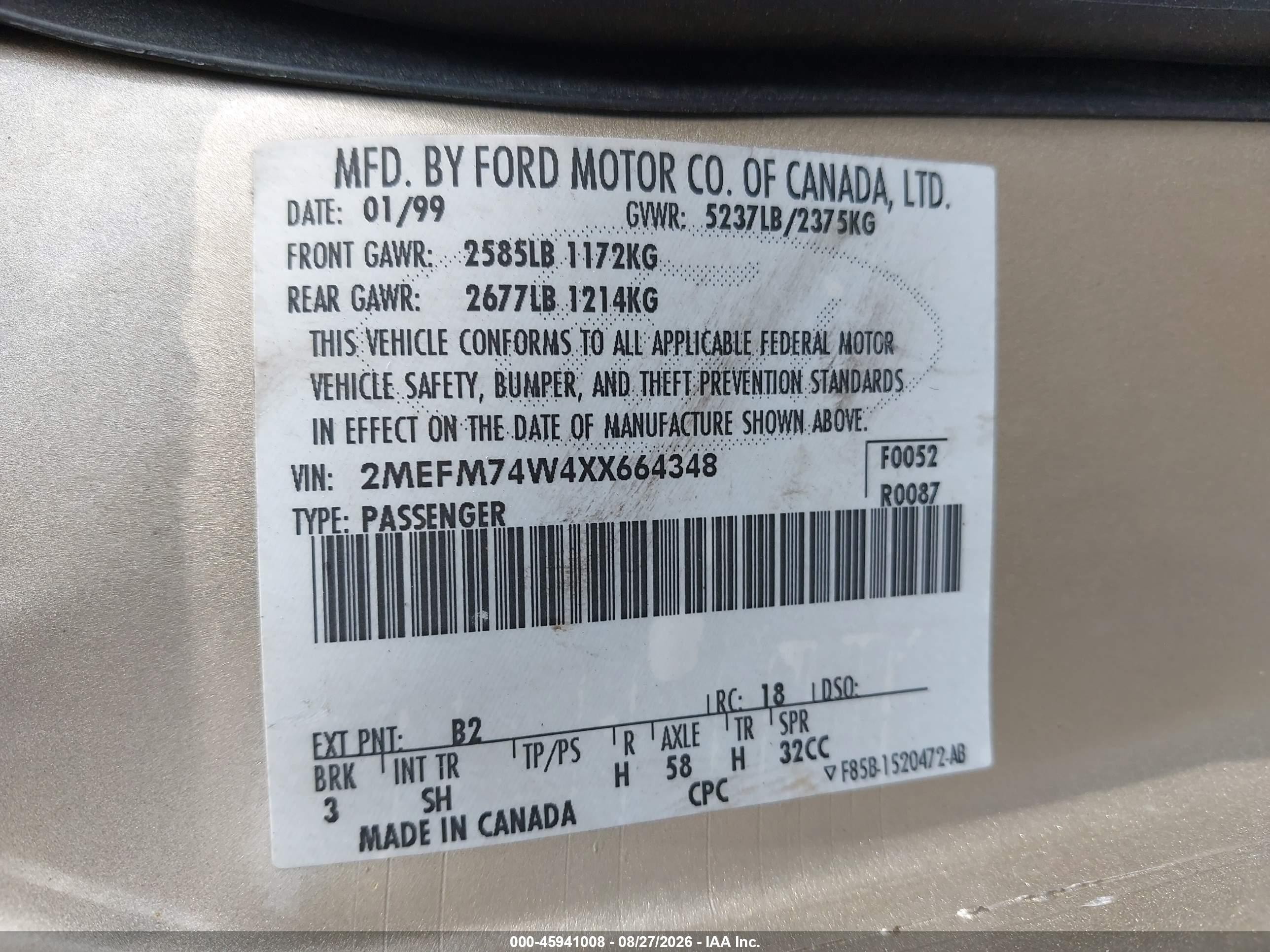 1999 Mercury Grand Marquis Gs Золотой vin: 2MEFM74W4XX664348