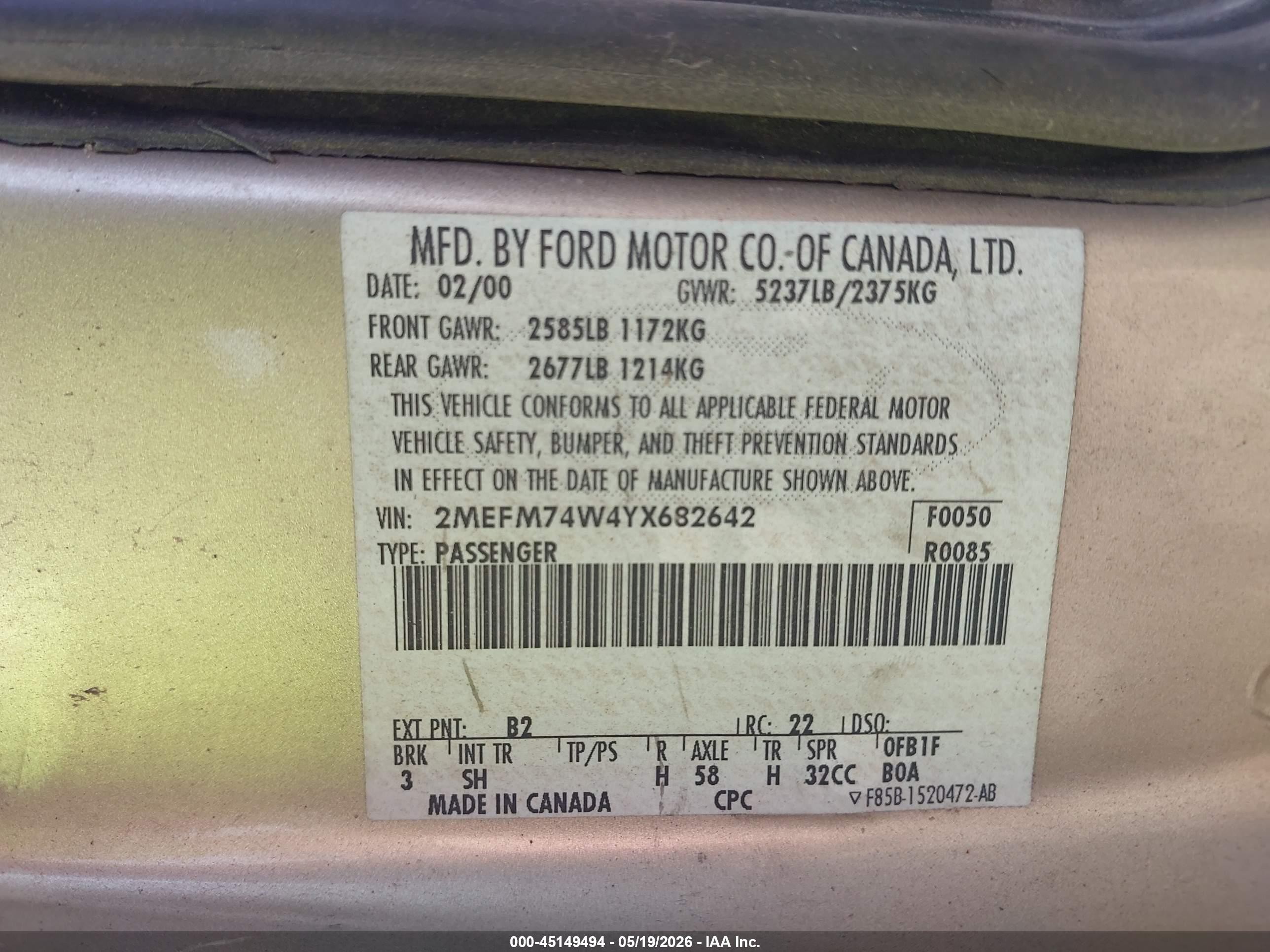 2000 Mercury Grand Marquis Gs Tan vin: 2MEFM74W4YX682642
