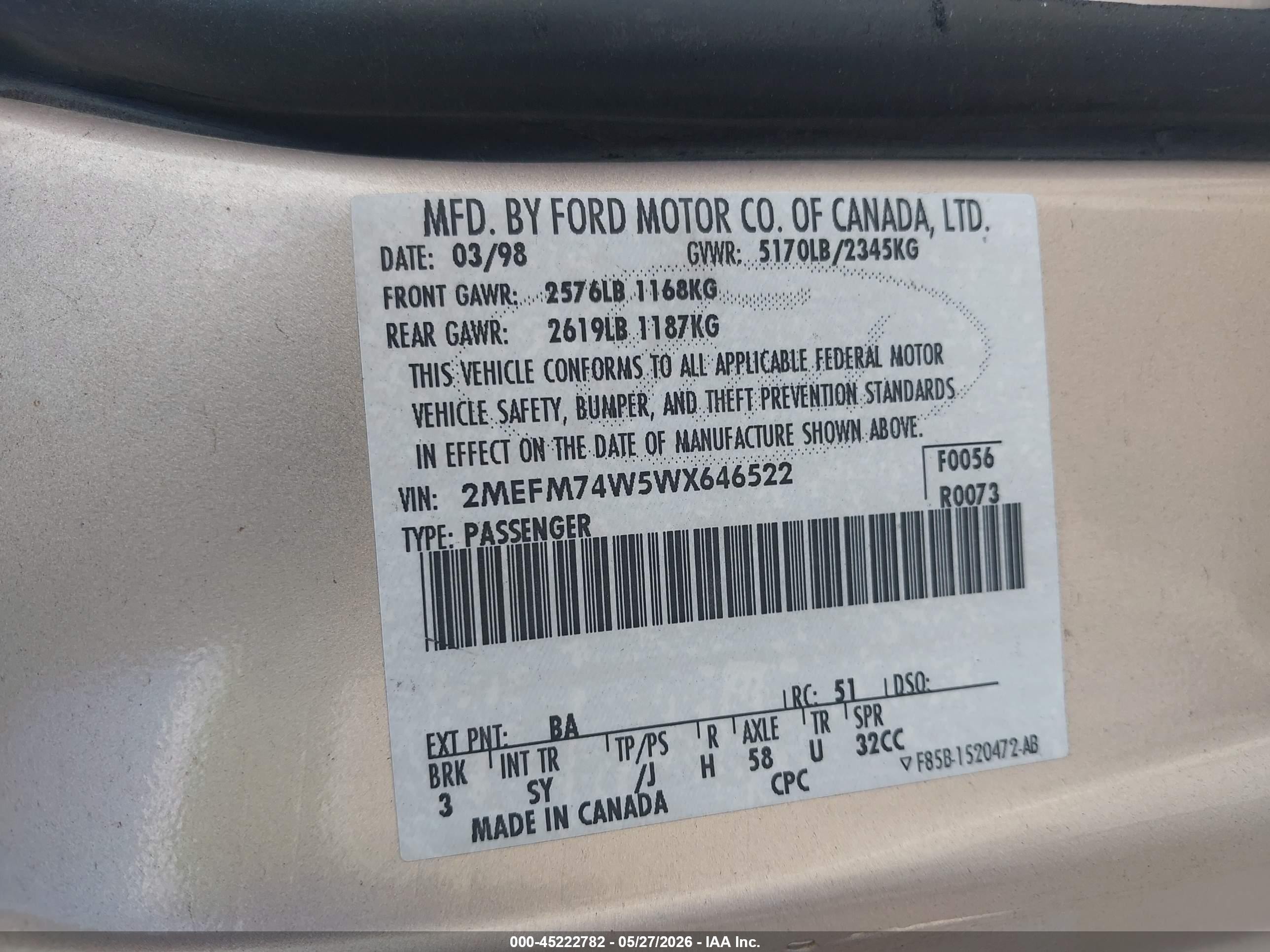 1998 Mercury Grand Marquis   Tan vin: 2MEFM74W5WX646522