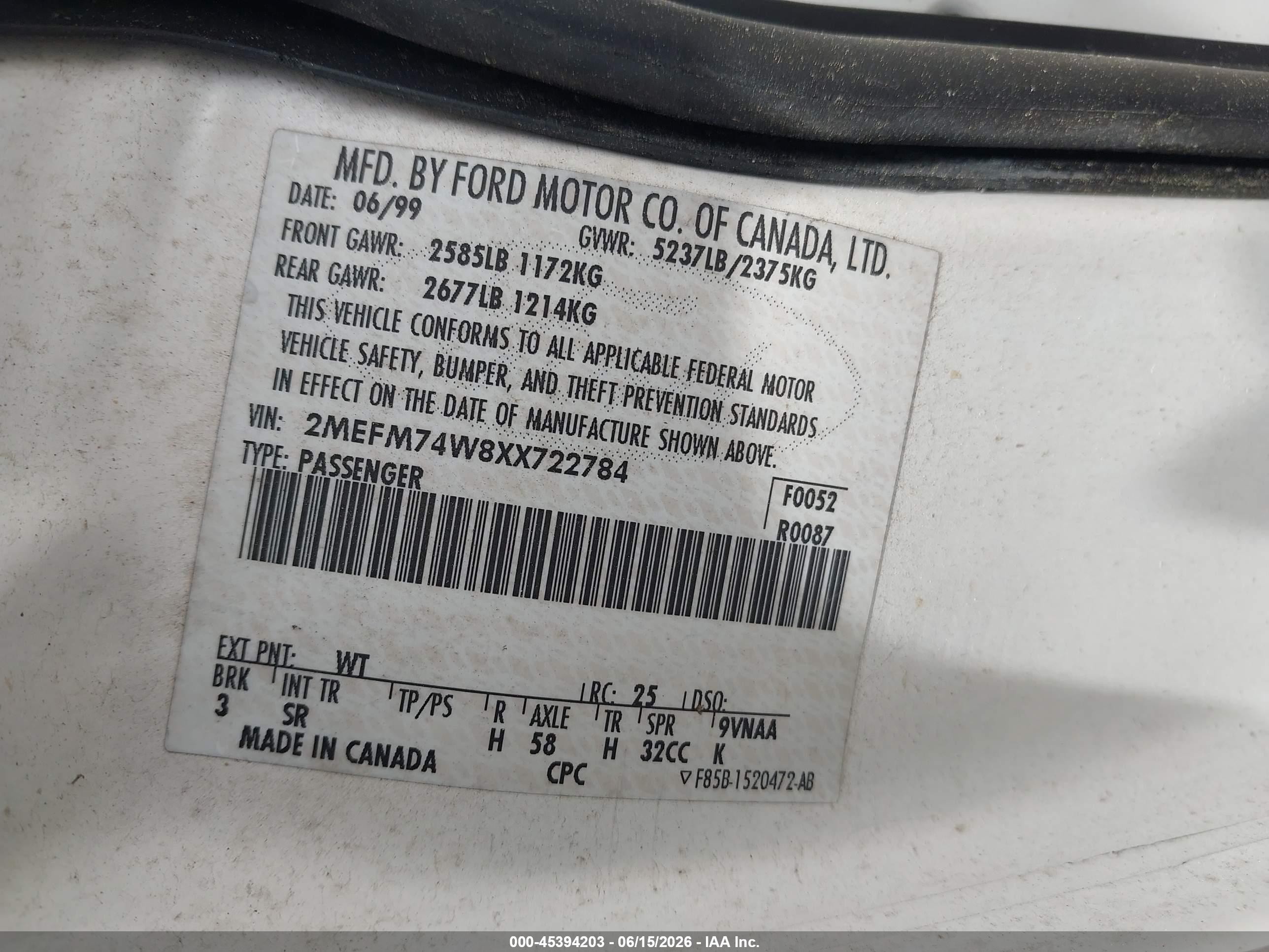 1999 Mercury Grand Marquis Gs White vin: 2MEFM74W8XX722784