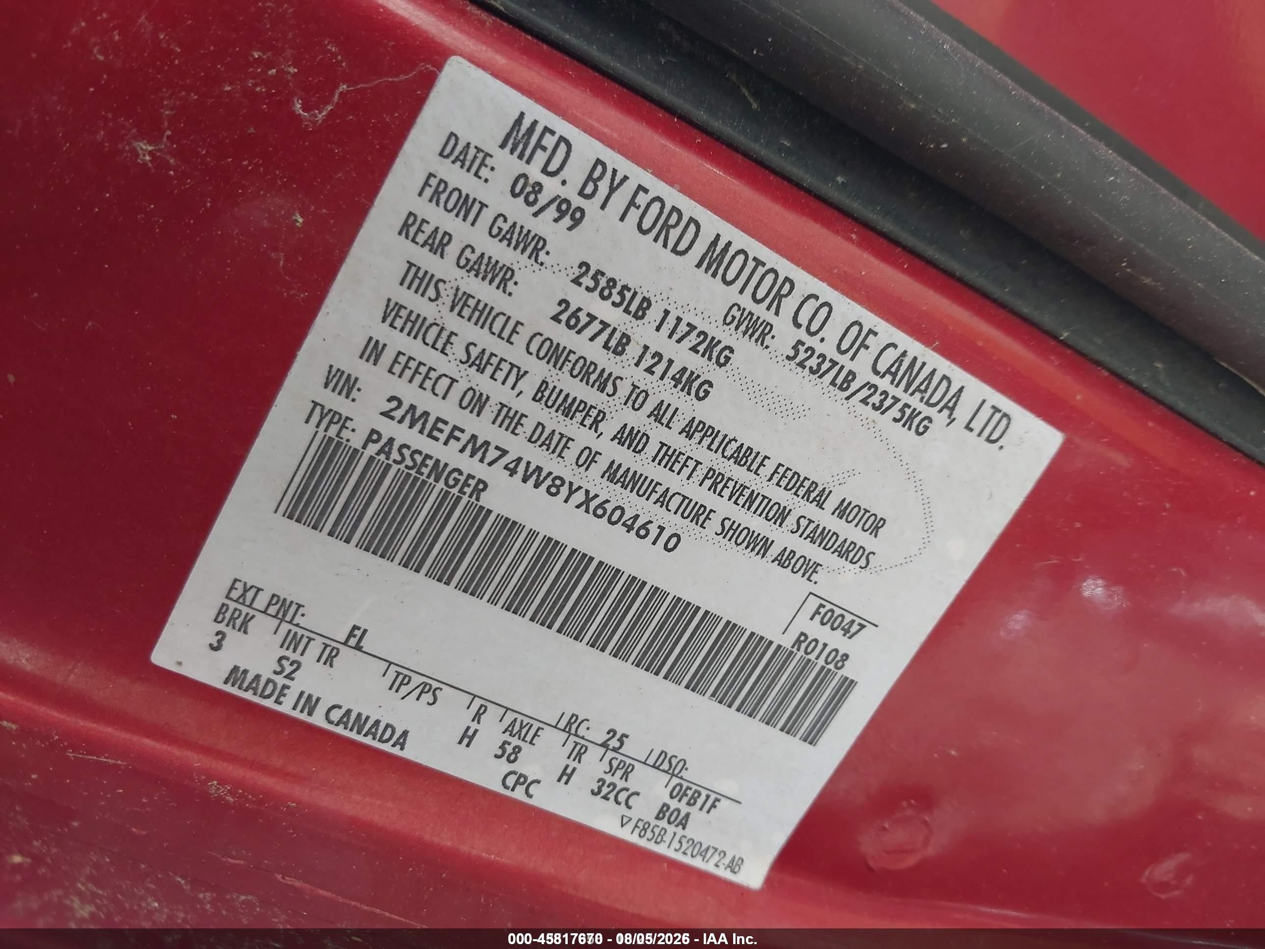 2000 Mercury Grand Marquis Gs Maroon vin: 2MEFM74W8YX604610